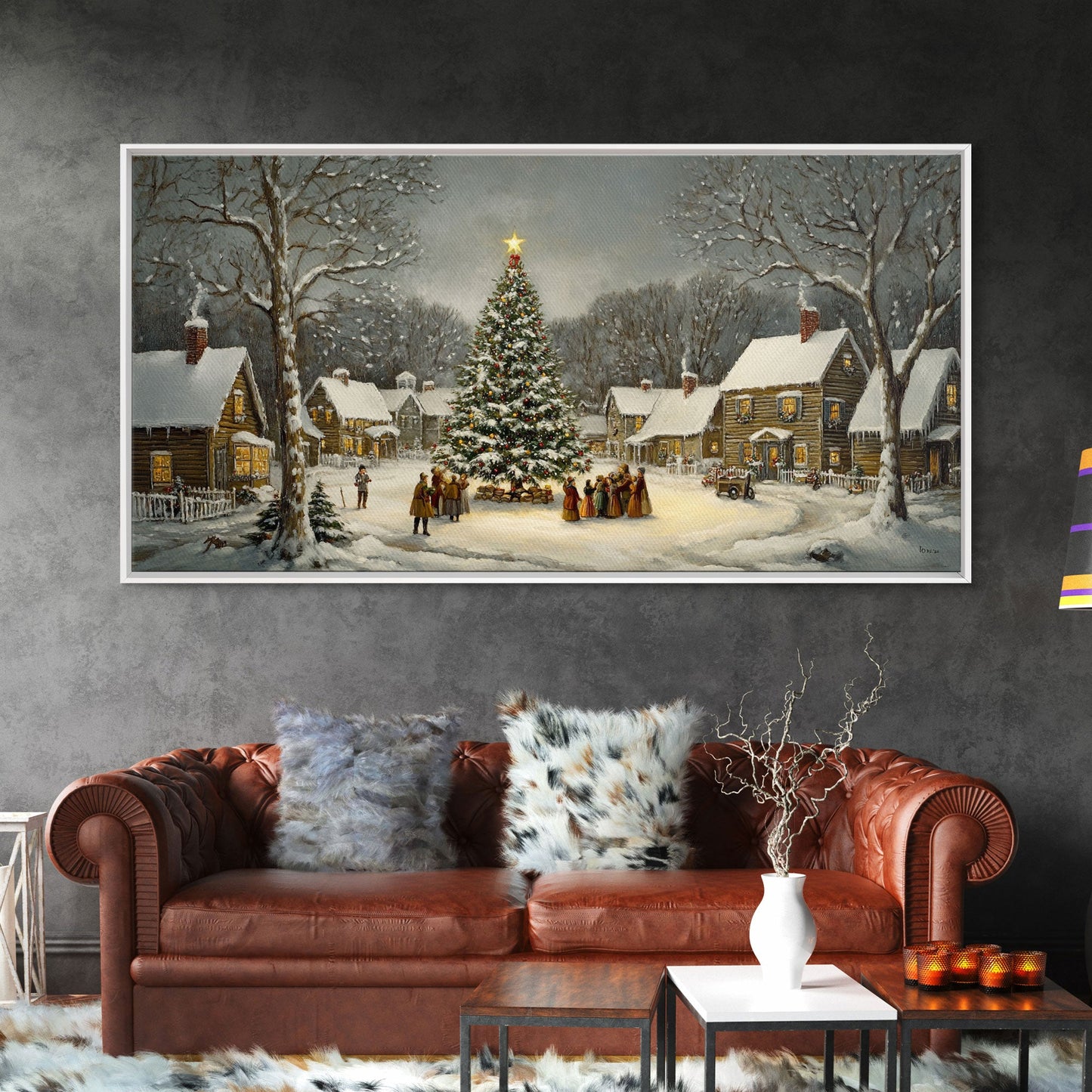Large Christmas Tree In Snowy Village With Families, Winter Wonderland Holiday Wall Art, Framed Canvas Print, Rustic Christmas Decor
