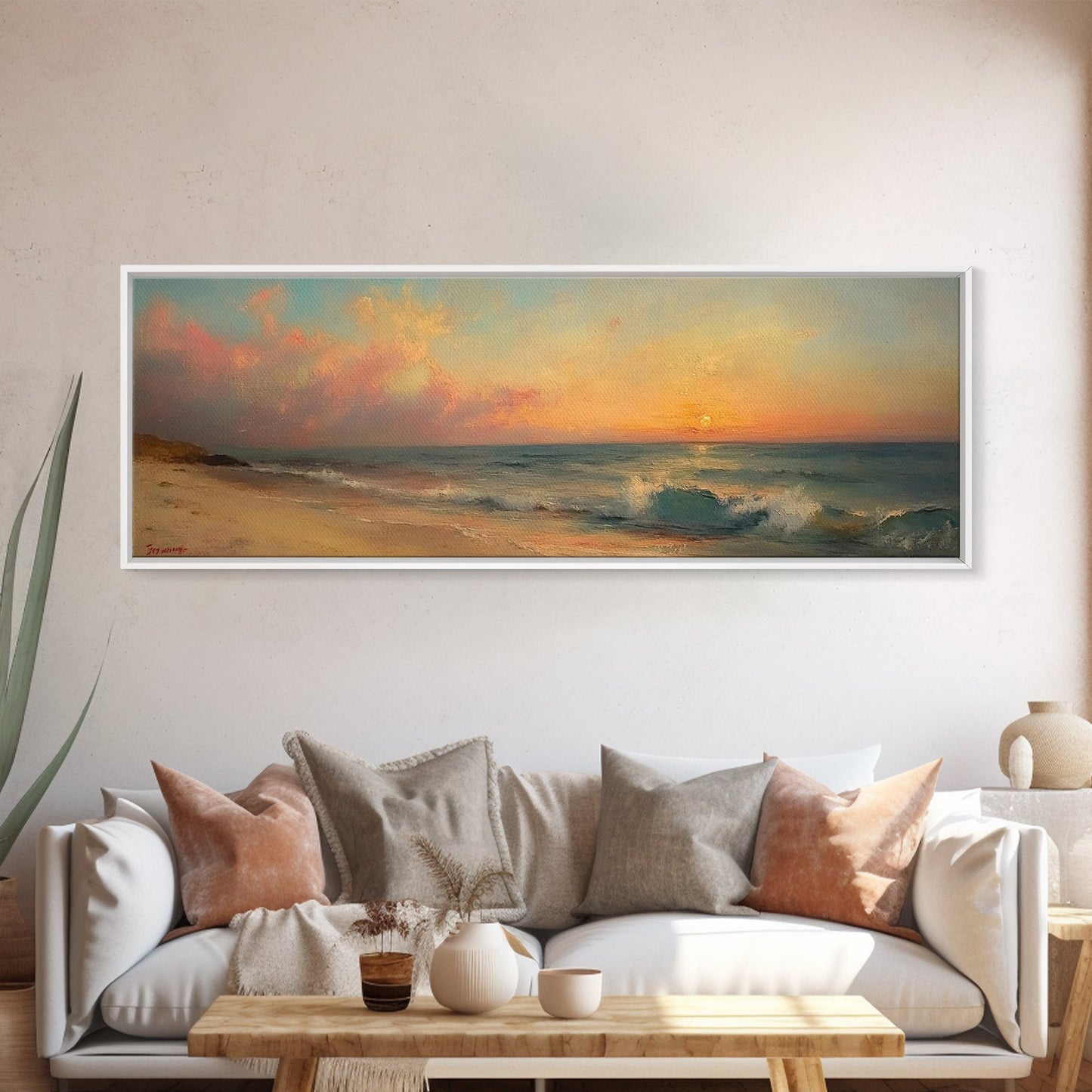 Ocean Waves Crash Into a Hidden Beach at Sunset, Framed Canvas Print, Panoramic Boho Seascape Painting