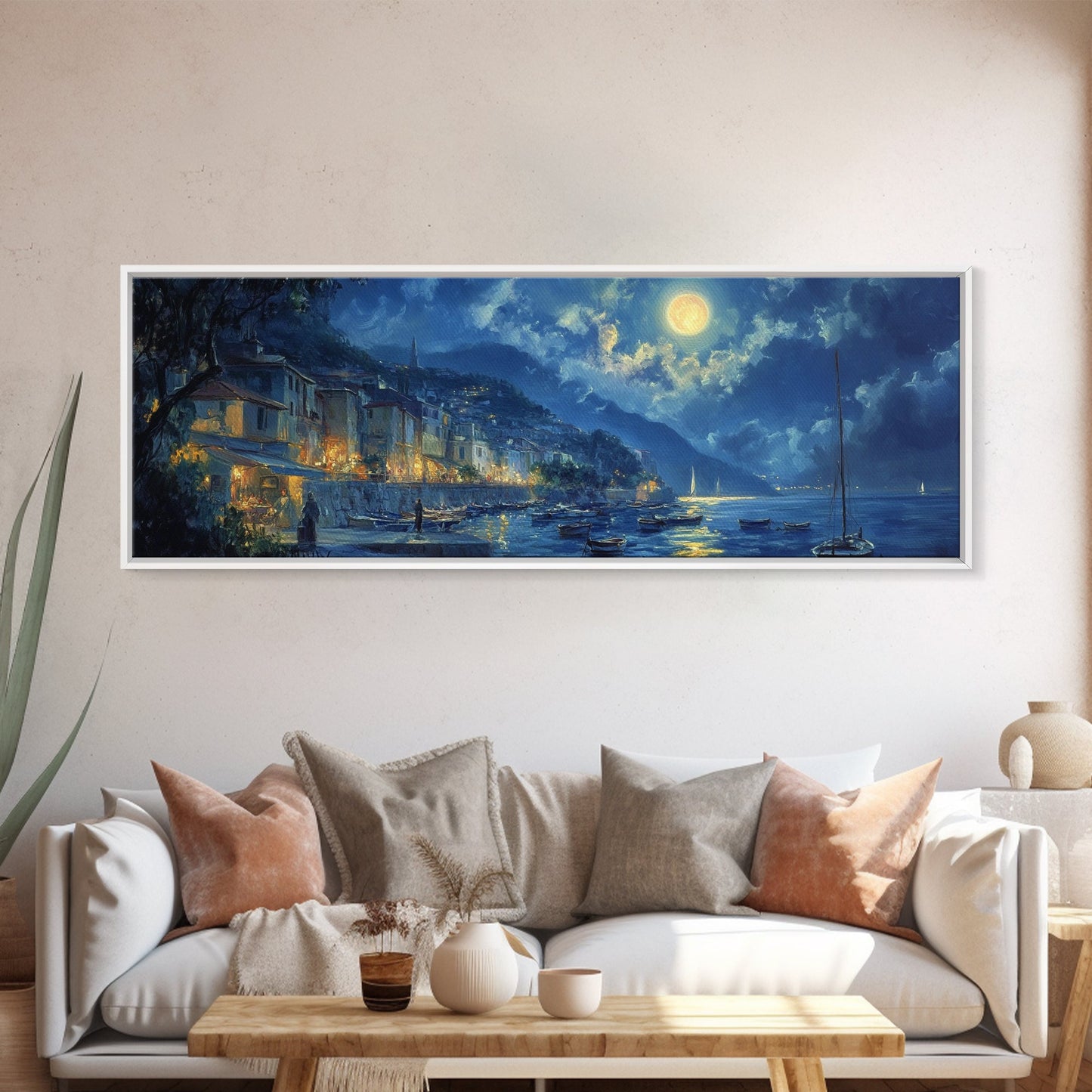 Italian Fishing Village at Midnight Under a Full Moon, Framed Canvas Print, Panoramic Wall Art, Eclectic Boho Home Decor, Wide Oversized Wall Art