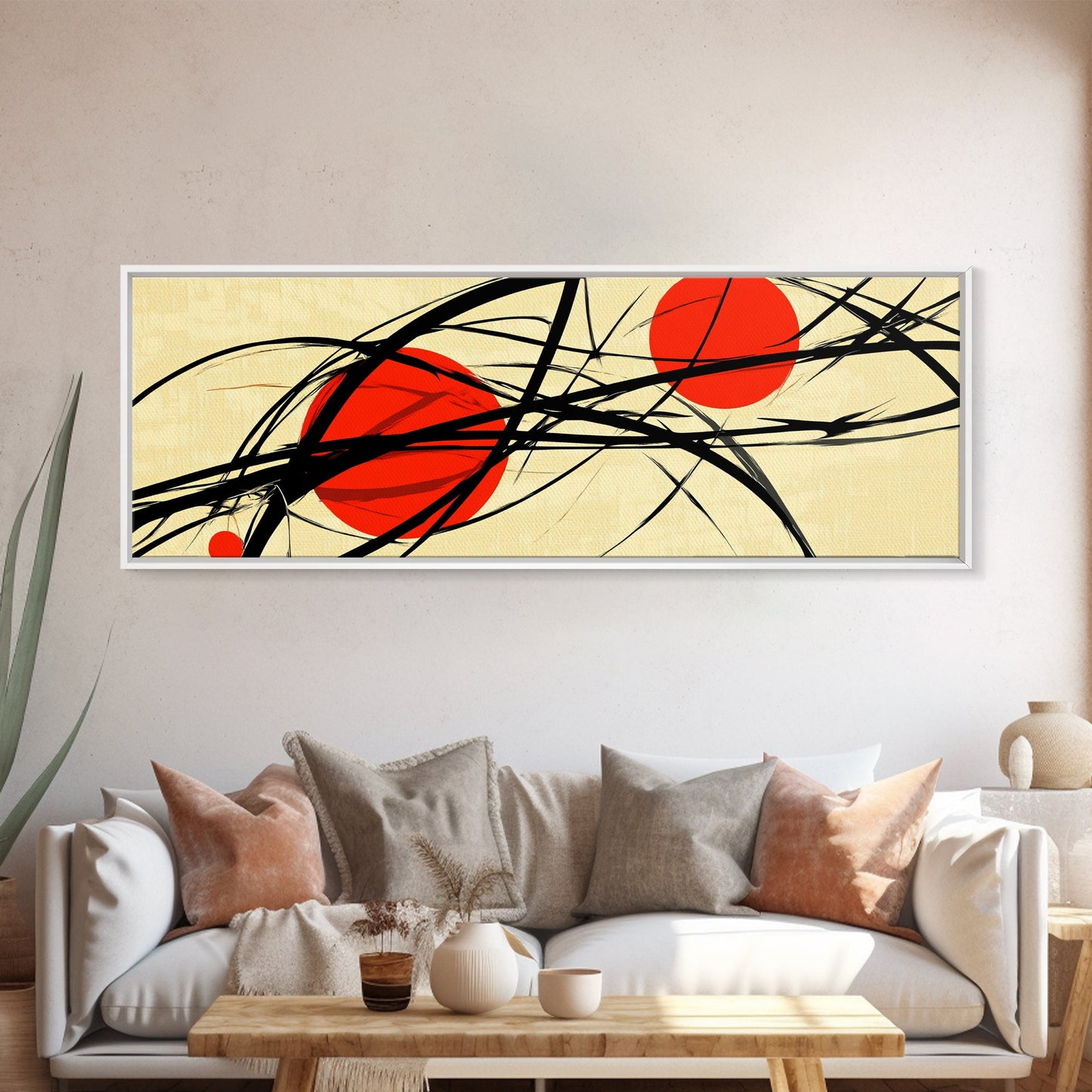 Sun Streaks - 3 Red Suns with Black Streams, Framed Canvas Print, MCM Style Geometric Abstract Wall Art