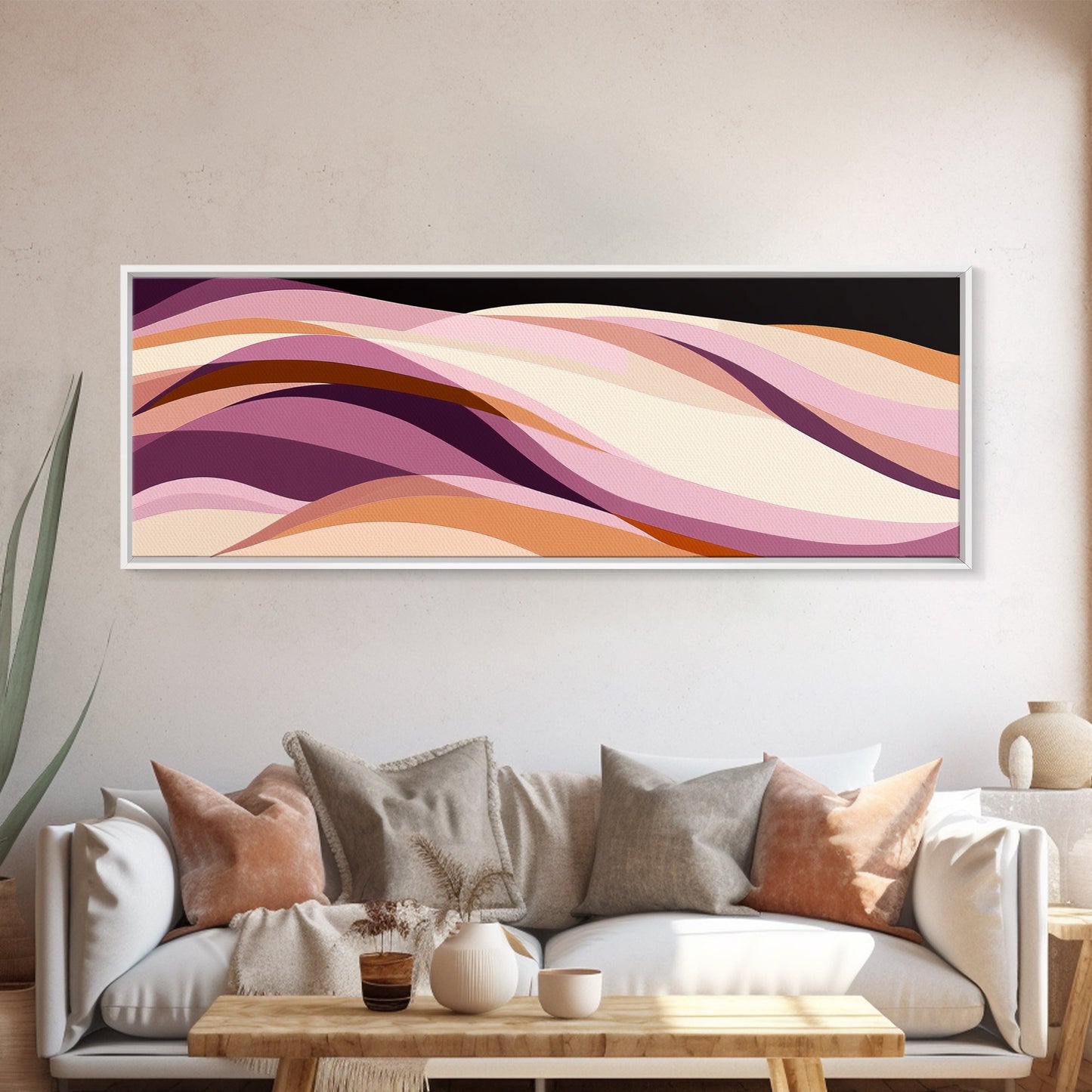 Lavender and Lilac Ocean Waves - MCM Style Modern Art, Retro Abstract Panoramic Print, Wood Framed Art, Modern Home Decor