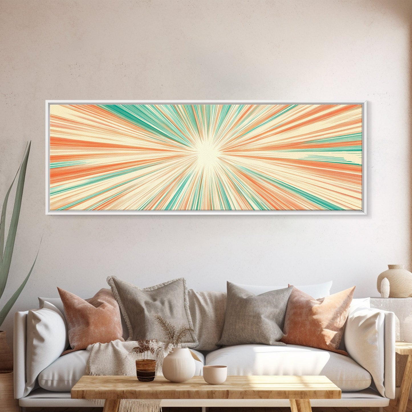 Mid Centery Modern Canvas Print - Framed MCM Style Wall Art, Orange and Green Star Burst - Art Deco Modern Art - Above Sofa Decor