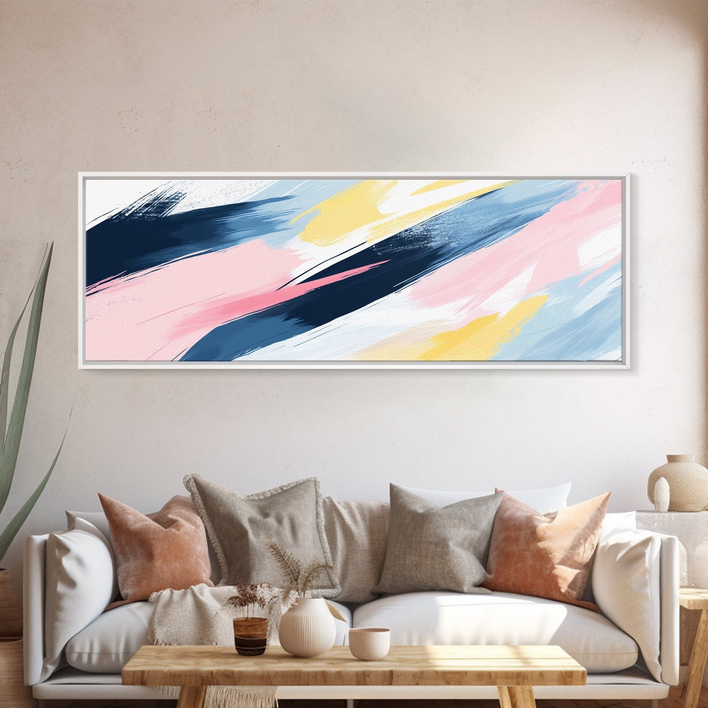 Pastel Abstract Brush Strokes Painting Print, Framed Canvas Art, Panoramic Extra Wide Office Decor, Living Room Or Bedroom Oversized Art