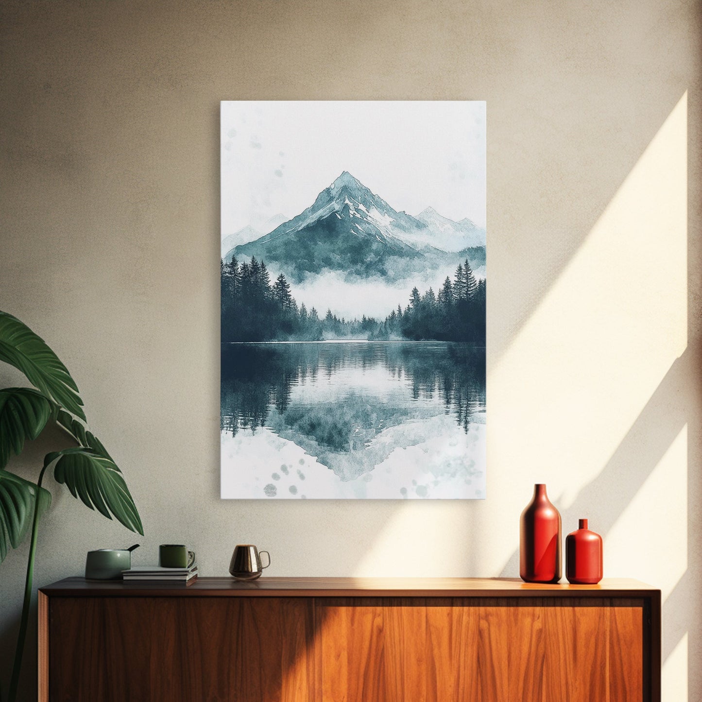 Fog In The Mountains, Framed Canvas Print, Pacific Northwest, Cascade Mountains, Emerald Green Landscape Painting, Boho Decor