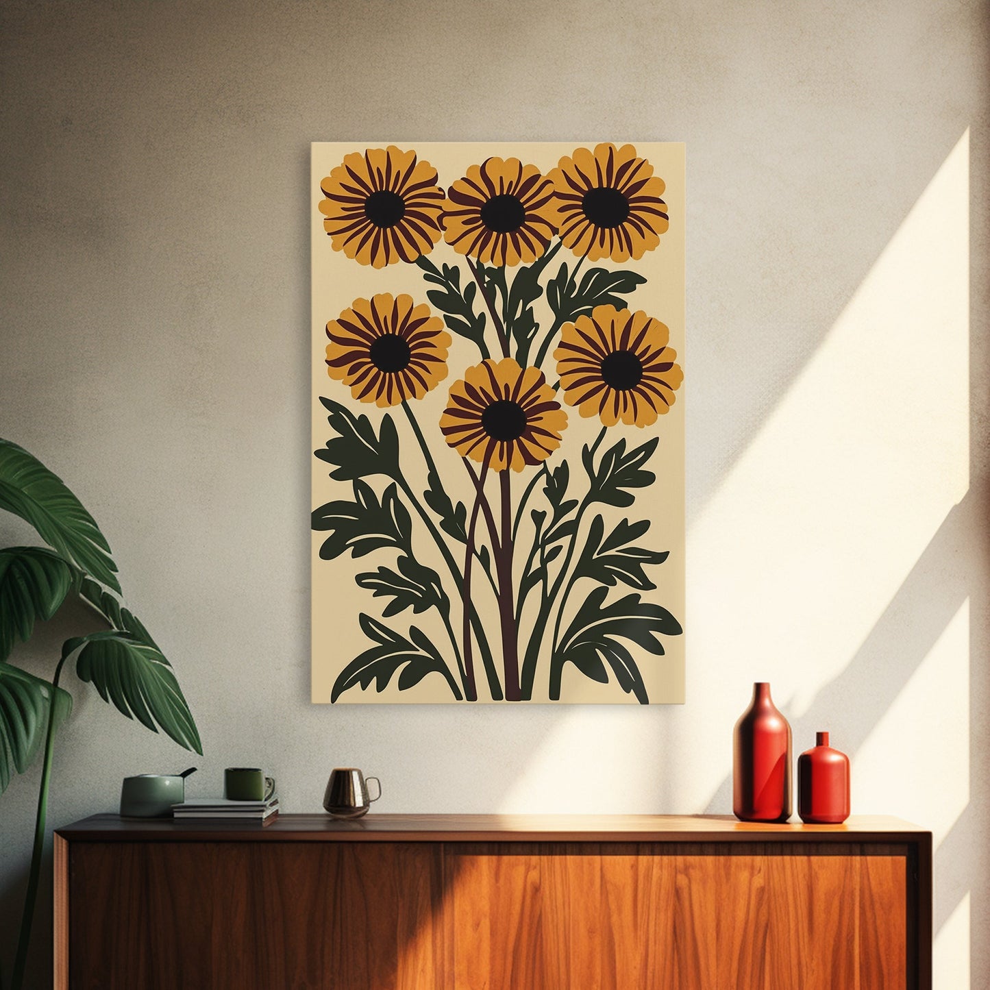 Cute Framed Canvas Wall Art Flower Print, Wild Flowers on Cream Background, Modern Home Decor, Boho Minimalist Wall Art