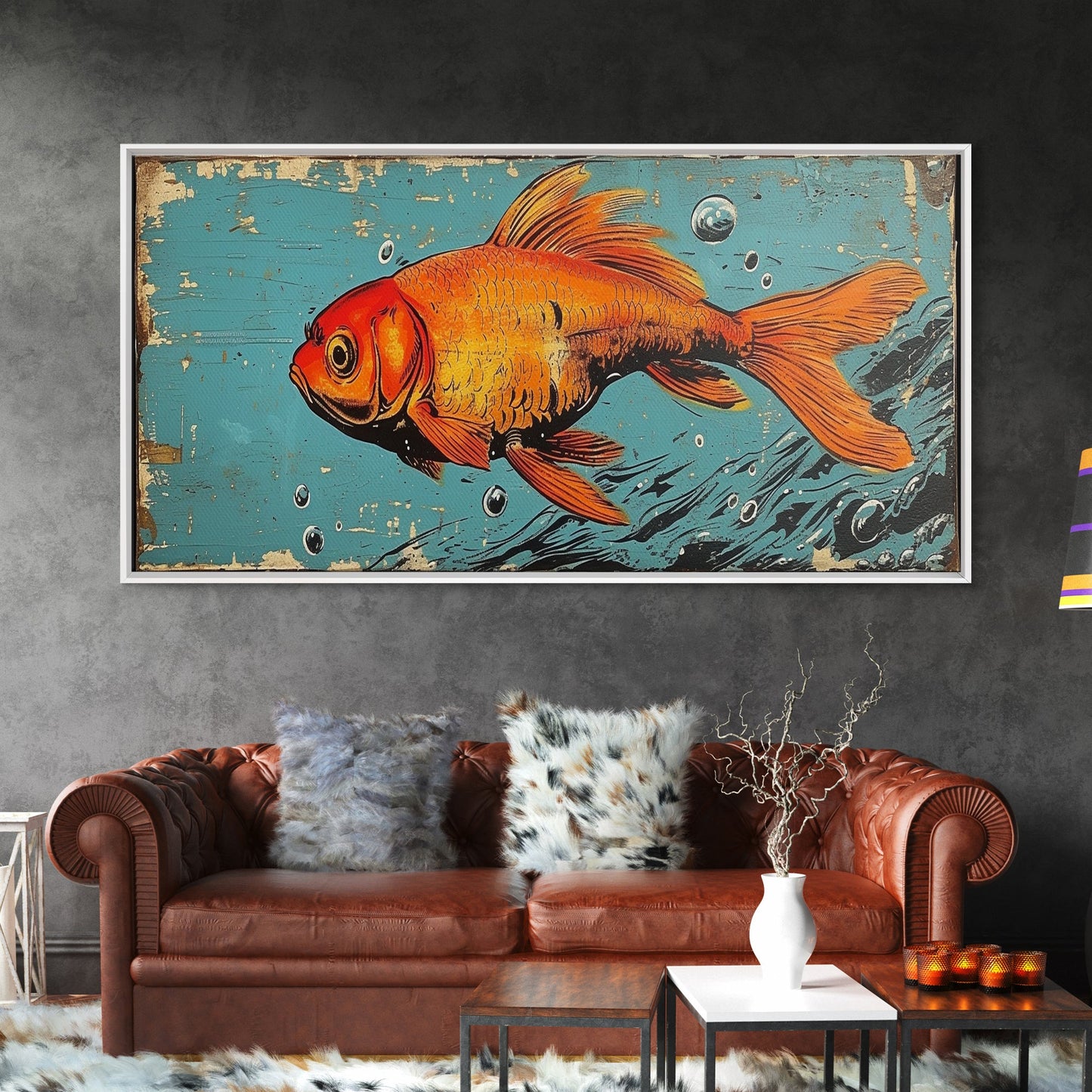 Retro 80s Style Painting of a Gold Fish, Framed Canvas Print, Home Decor Gift Artwork, Fish Painting, Fish Art