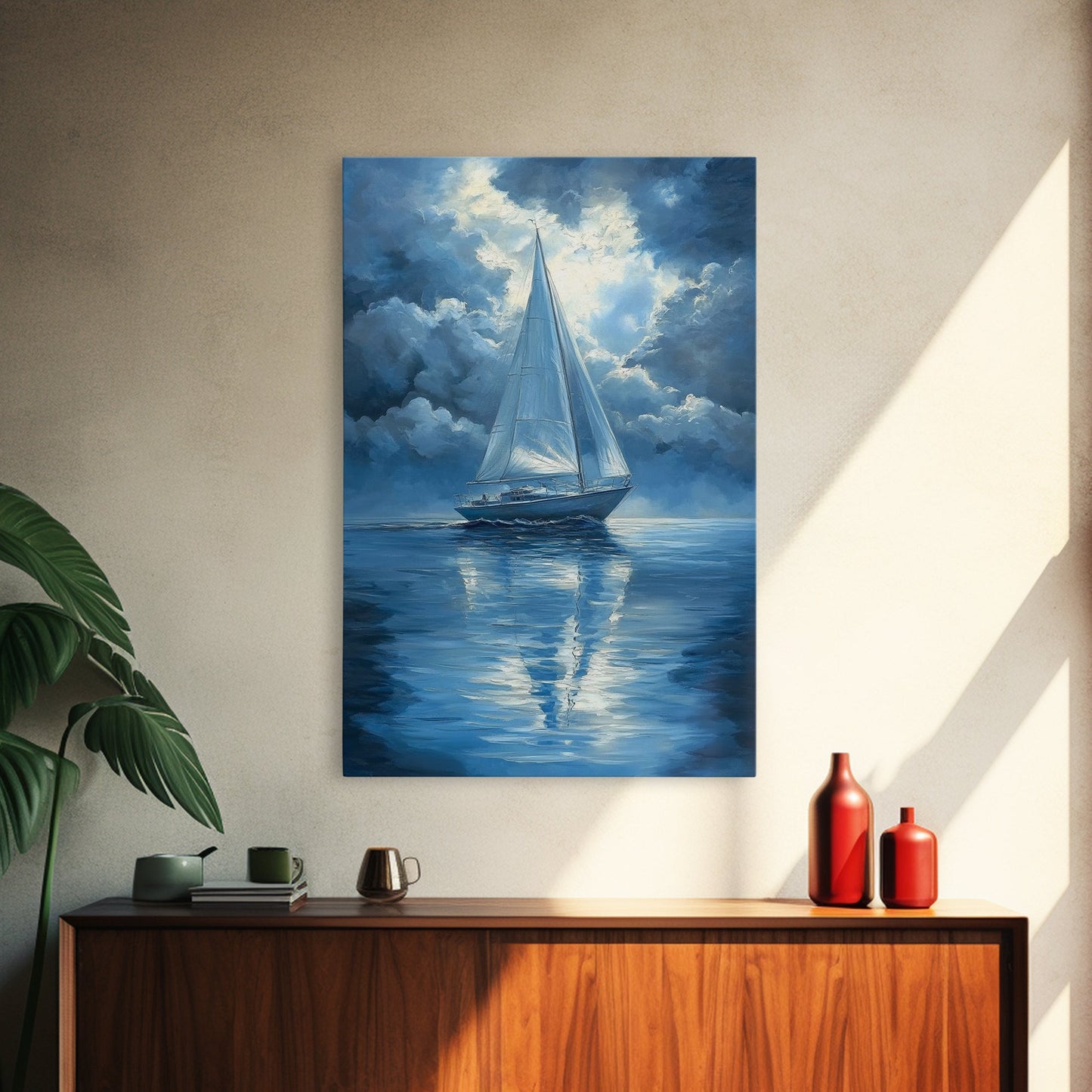 Reflections of a Sail Boat under a Full Moon Framed Canvas Print, Nautical Decor, Sail Boat Oil painting, Sailboat Painting, Nautical Home Decor