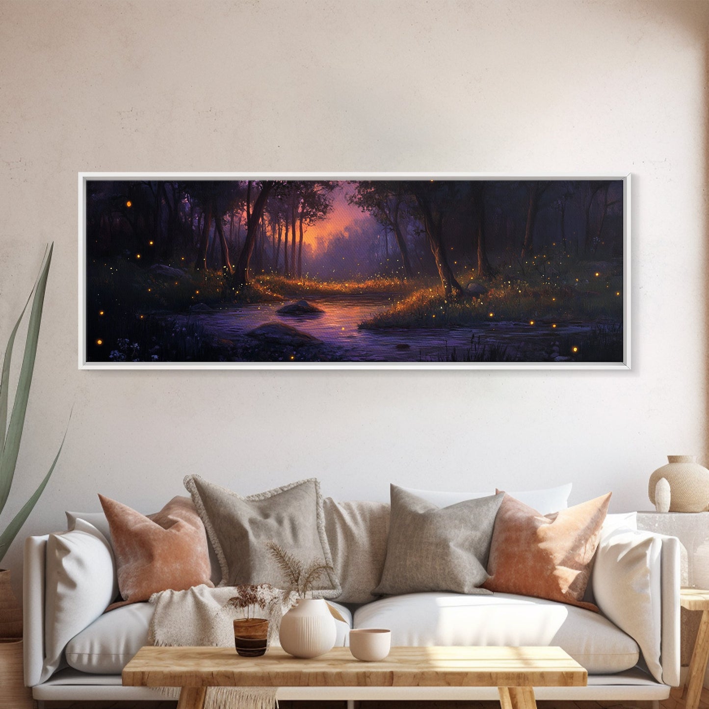 Panoramic Fantasy Forest Canvas Print, Fireflies Light Up The Night Sky in A Fantasy Forest, Fantasy Painting