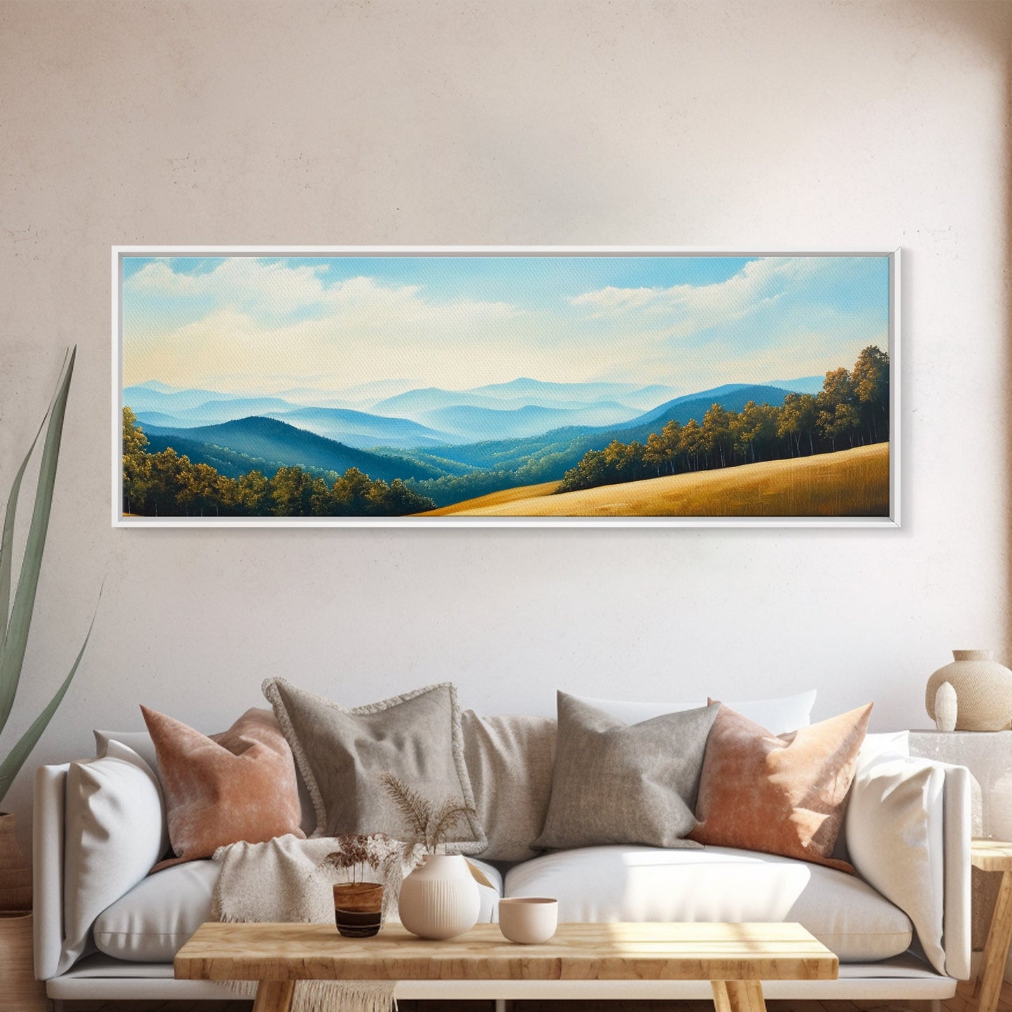 Blueridge Mountains Framed Canvas Print, Blue Ridge Mountains Painting, Panoramic Landscape Painting, Horizontal Wall Decor