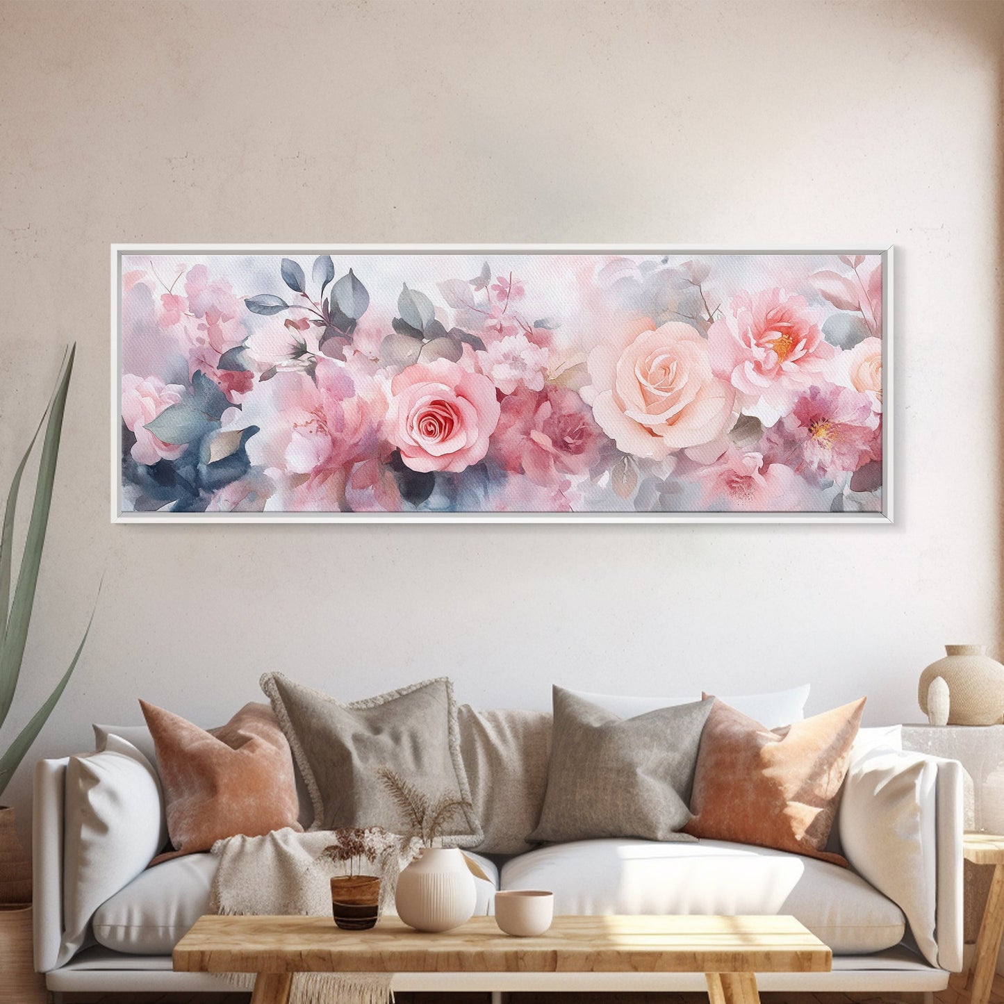 Floral Bloom Canvas Print, Rose Painting with Soft Pastel Tones, Romantic Botanical Prints for Bedroom or Guest Room Decor