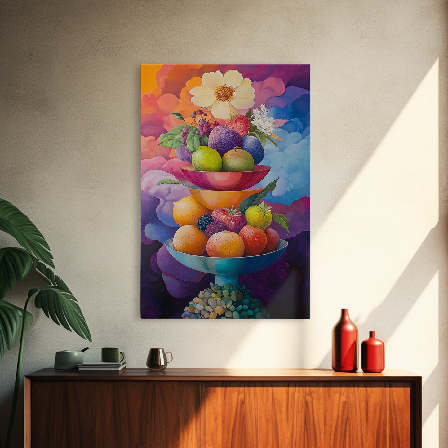 Colorful Fruit Bowl Canvas Print Featuring Still Life Painting, Whimsical Kitchen Art, Vibrant Food Review Wall Art for Dining Spaces