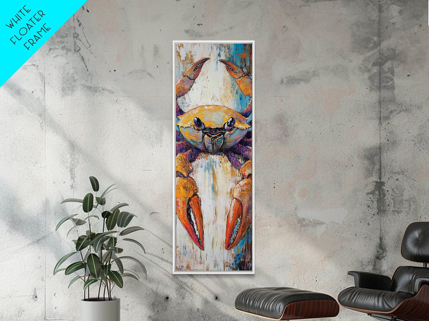 Colorful crab, coastal cowgirl wall art, crayfish painting, nautical wall art, framed canvas print, tall skinny art, rustic décor