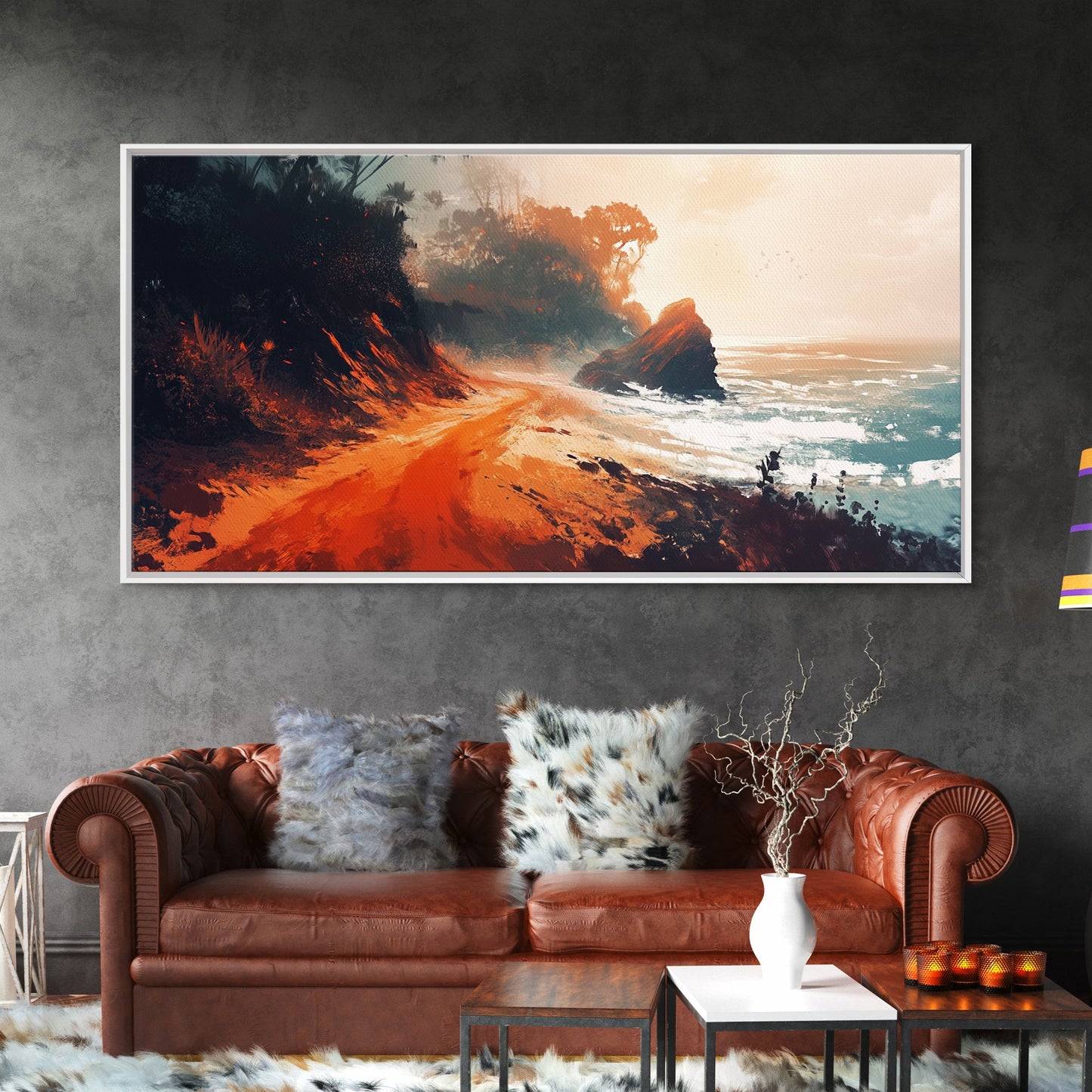 Coastal Road, southwest wall art, rustic decor, coastal landscape art, boho art, panoramic painting, gift idea for him, Canvas Print