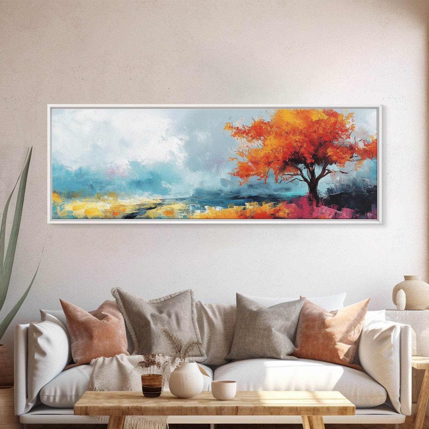 Autumn Tree Breeze Framed Canvas Print Vibrant Fall Foliage Painting Impressionist Seasonal Wall Art Warm Colors Living Room Decor