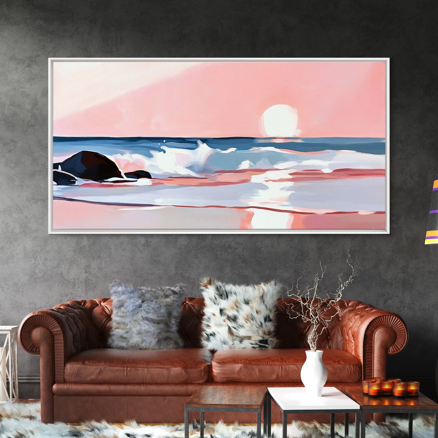 Sunset Beach, Ocean Waves, Framed Canvas Print, Coastal Wall Art, Pink Sky Painting, Living Room Decor, Tropical Seascape