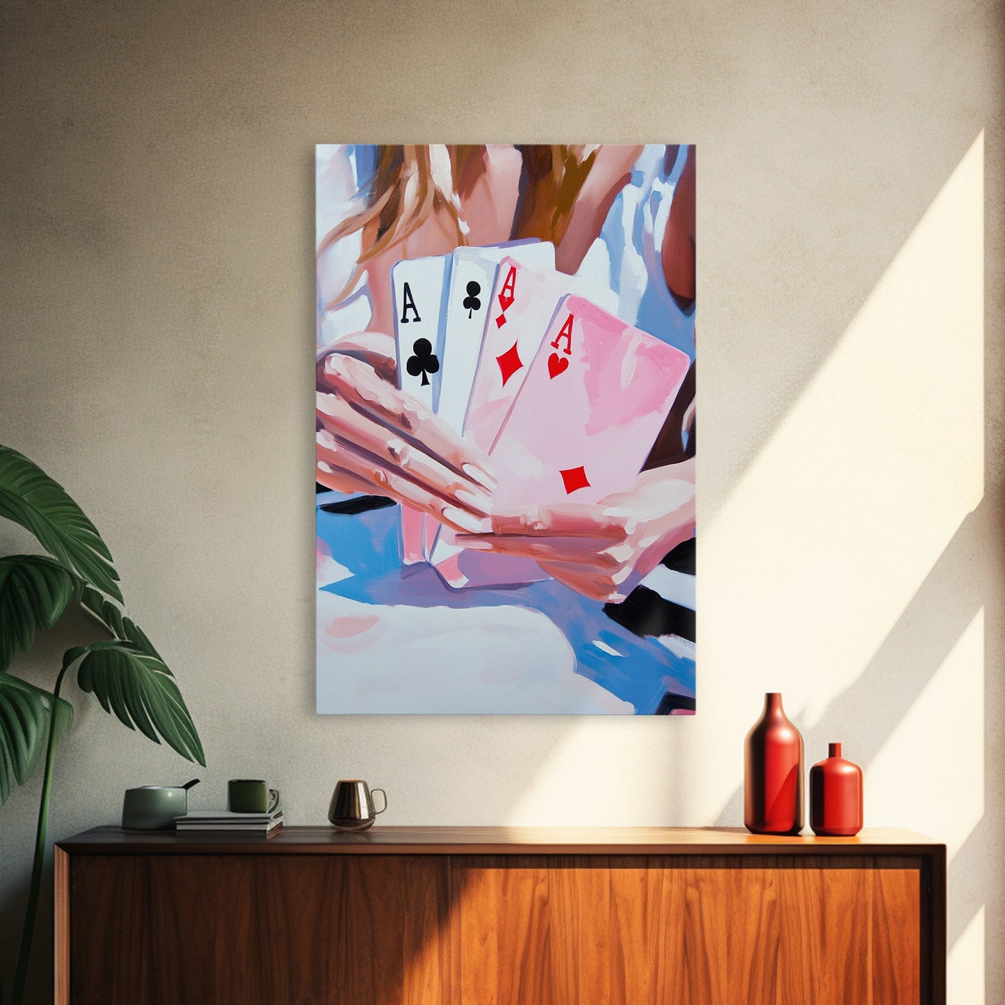 Poker Hand, Woman Holding Cards, Gambling Art, Casino Wall Art, Luxury Decor, Contemporary Art, Framed Canvas Print, Game Room