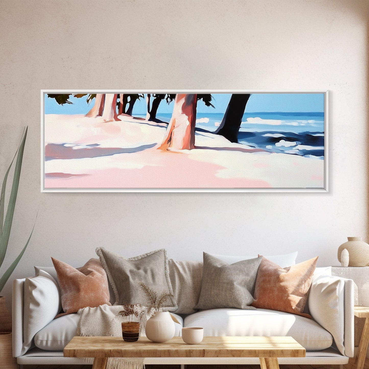 Coastal Trees, Beach Landscape, Ocean View, Framed Canvas Print, Modern Wall Art, Minimalist Decor, Living Room Art, Tropical Artwork