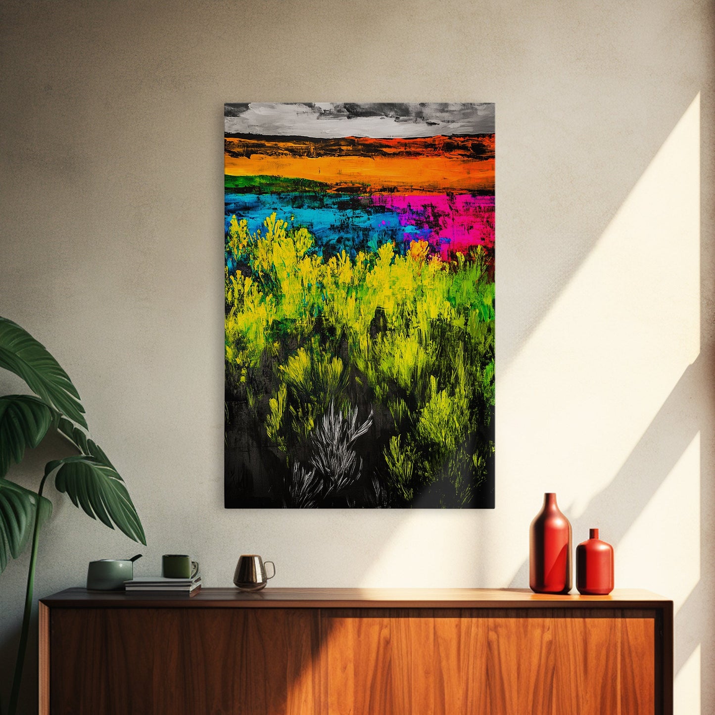 Colorful Prairie, Abstract Fields, Bright Wildflowers, Framed Canvas Print, Vibrant Wall Art, Boho Home Decor, Living Room Statement