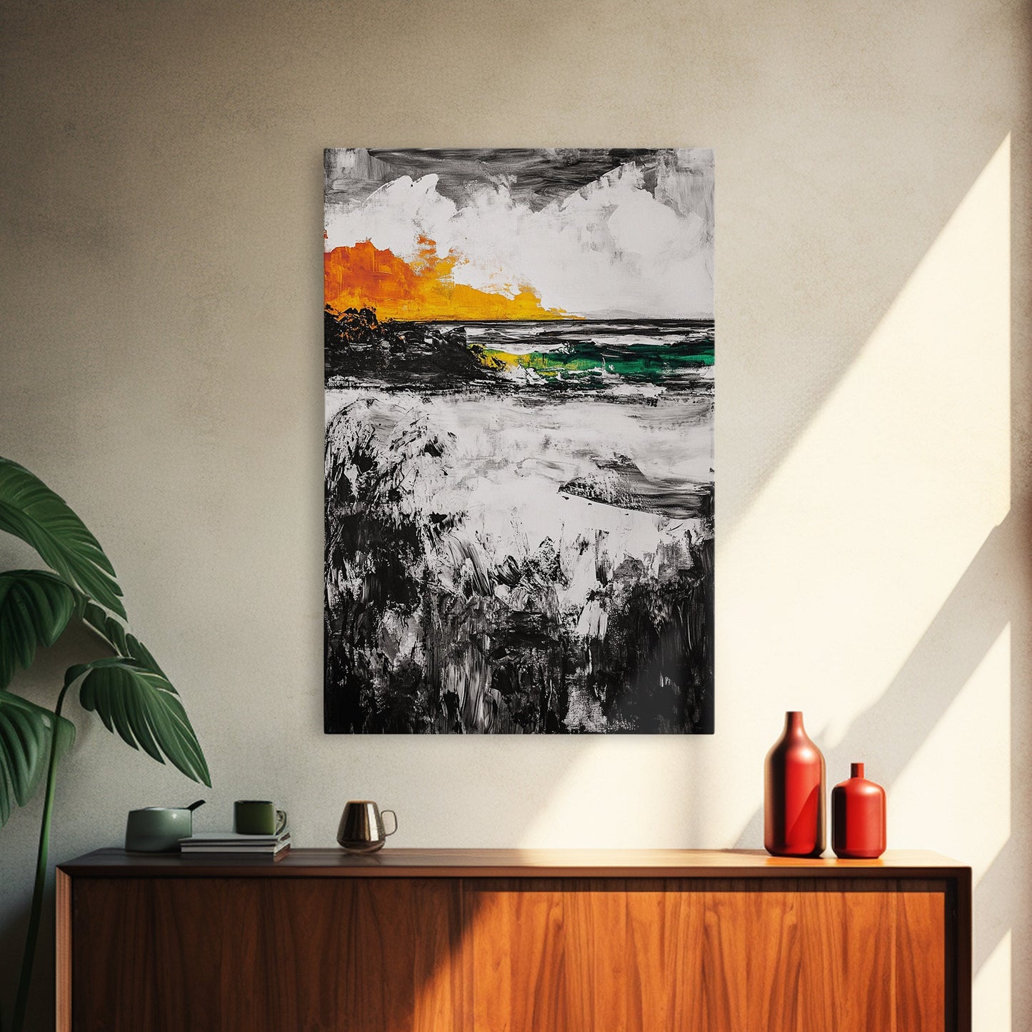 Sunset Waves, Coastal Painting, Ocean Sunset, Abstract Landscape, Framed Canvas Print, Nautical Art, Living Room Wall Art, Bold Color Art