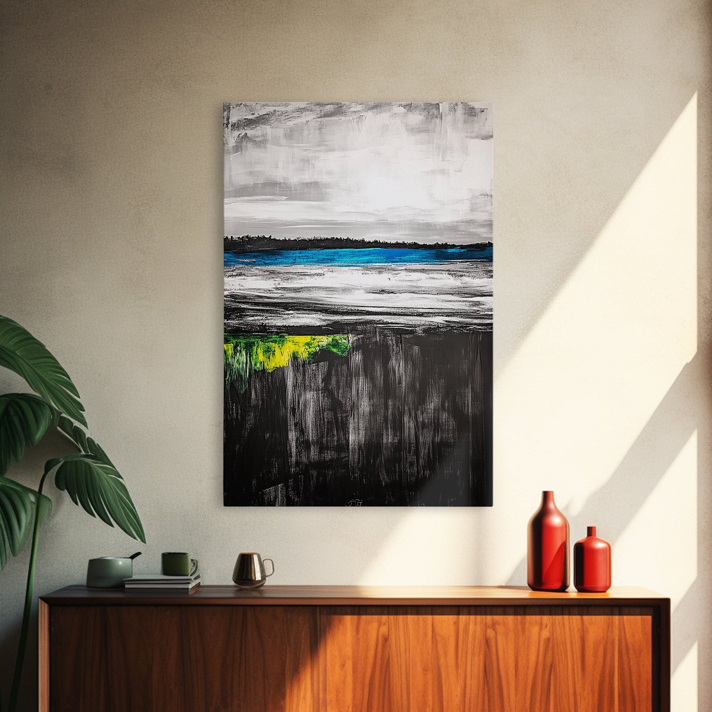 Tranquil Lake View, Blue Water Abstract Landscape, Moody Black White Sky, Serene Nature Wall Decor, Relaxing Home Gift, Canvas Print