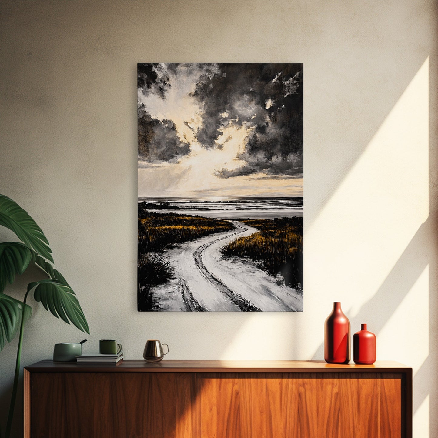 Coastal Sunset, Beach Landscape, Framed Canvas Print, Serene Ocean Art, Golden Hour Painting, Nature Wall Art, Boho Bedroom Decor