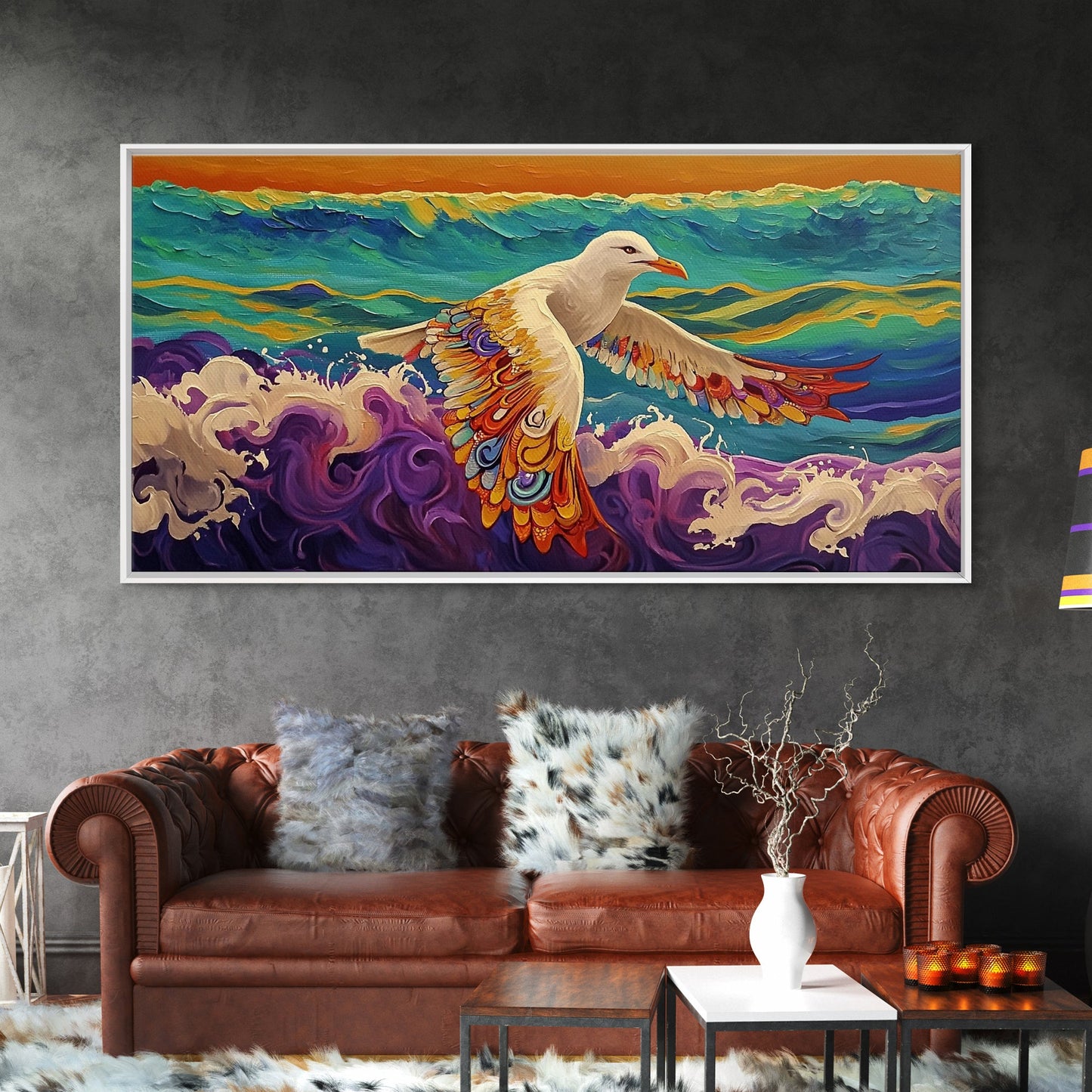 Seagull Ocean, Wings, Framed Canvas Print, Whimsical Bird Wall Art, Nautical Coastal Decor, Colorful Beach Painting, Boho Wall Art