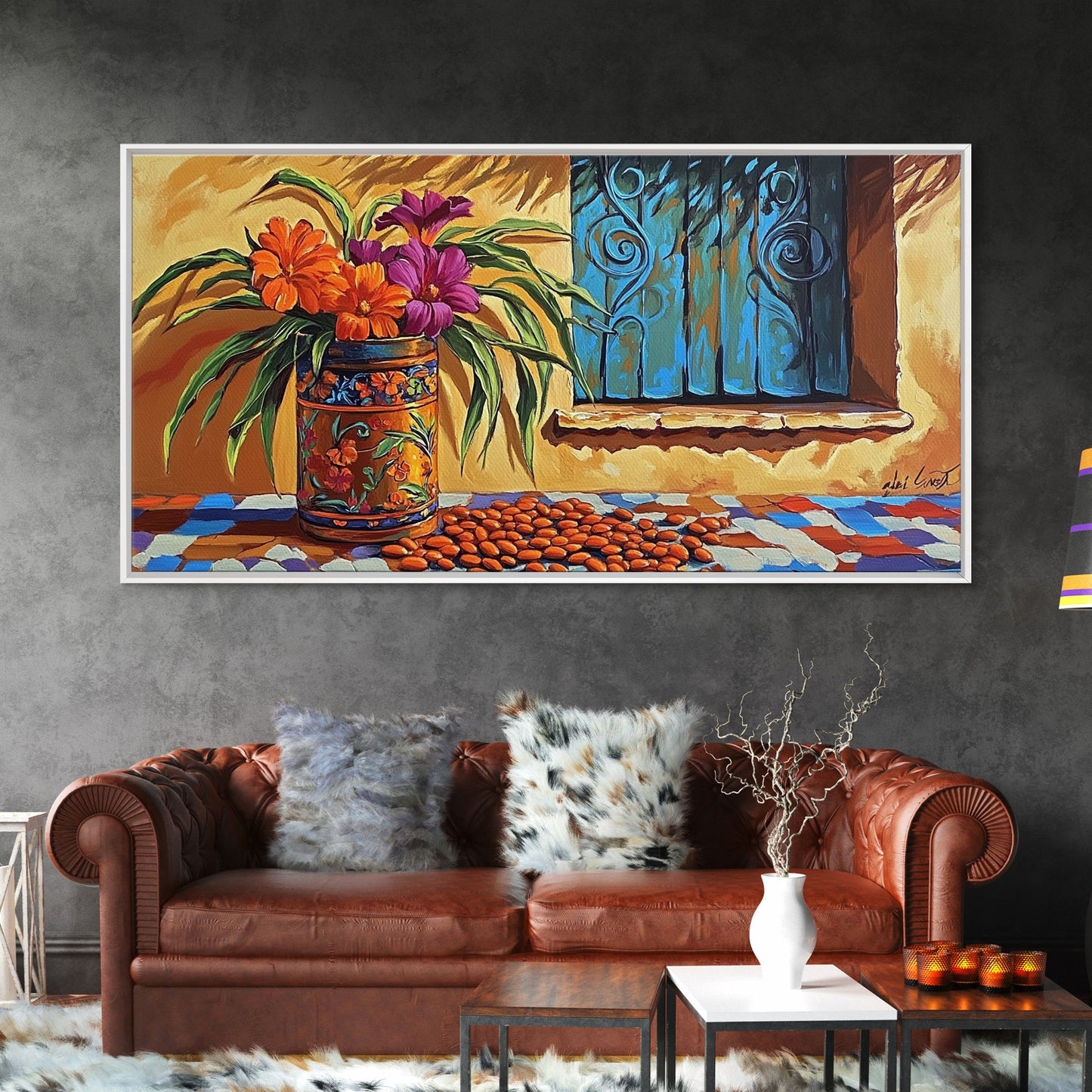 Flowers Pottery, Window, Still Life, Canvas Print, vibrant floral still life wall art, Mexican pottery, rustic kitchen décor