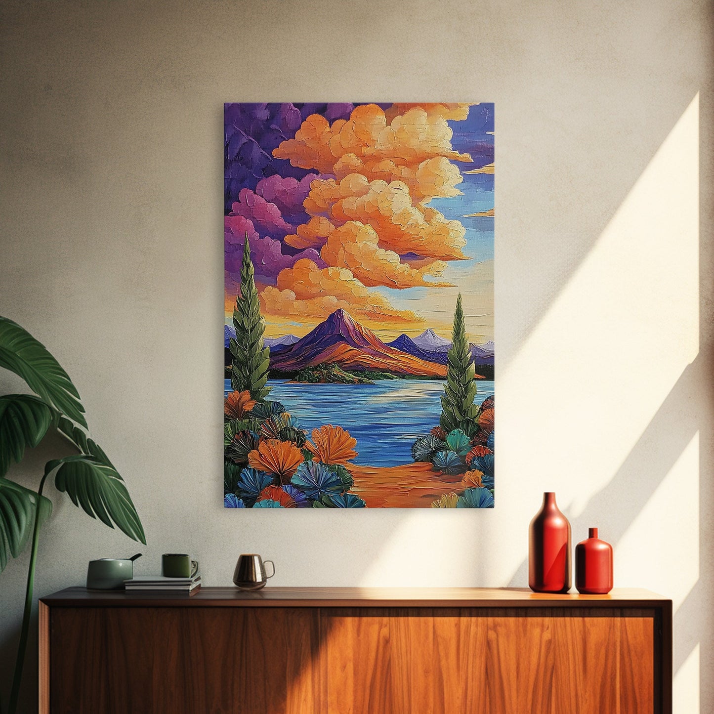 Mountain Lake, Cloudscape, Reflection, Framed Canvas Print, Bold sunset wall art, vibrant color landscape, Cabin or Living Room Wall Art