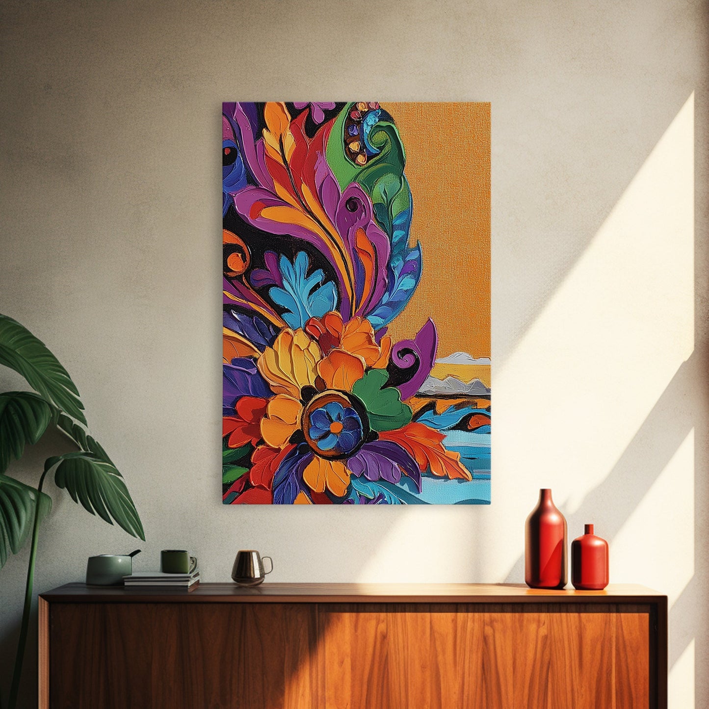 Fiesta Flower, Southwest Pattern, Mexican Style, Bright Floral, Framed Canvas Print, Kitchen Wall Art, folk boho art, vibrant decor