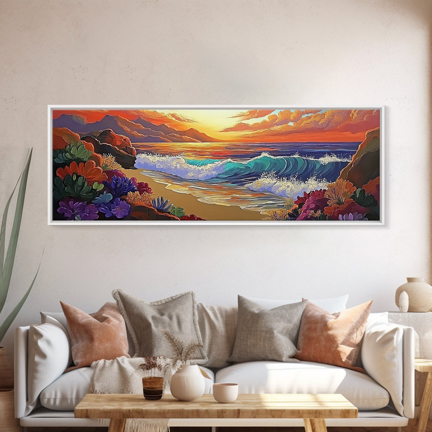 Coastal Sunset, Ocean Waves, Tropical Flowers, Vibrant Seascape, Framed Canvas Print beach wall decor, boho art, living room wall art