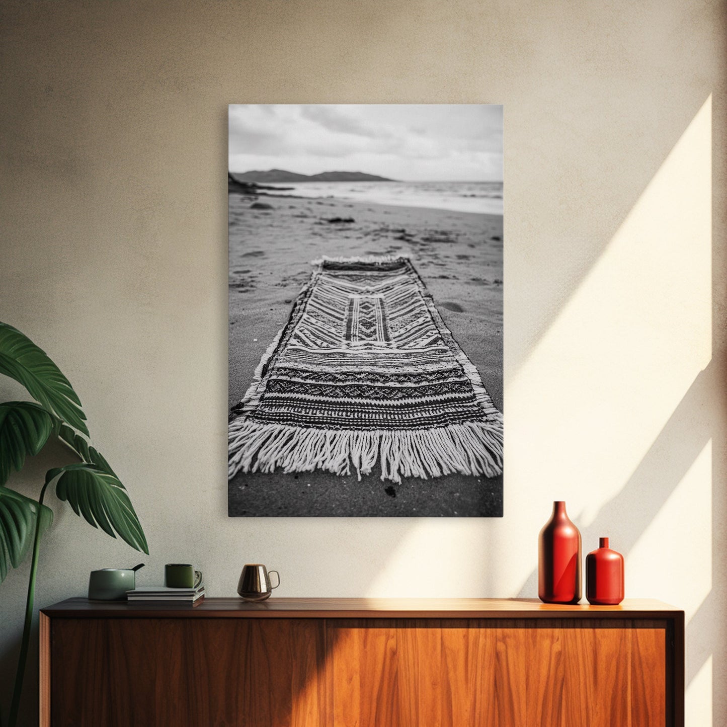 Woven Rug Beach, Bohemian Escape, Textile Texture, Black and White Canvas Print, Boho Bedroom or Yoga Studio Wall Decor