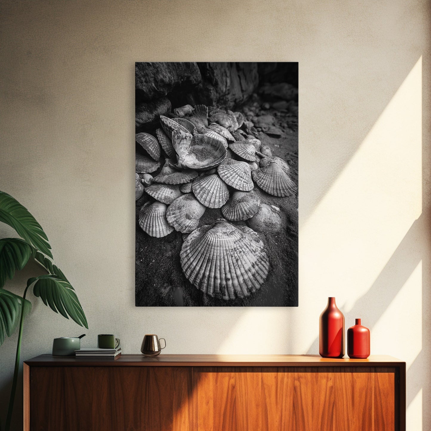 Seashell Pile, Textured Beach, Coastal Treasures, Natural Beauty Framed Canvas Print, bathroom decor, shell art, beach wall style