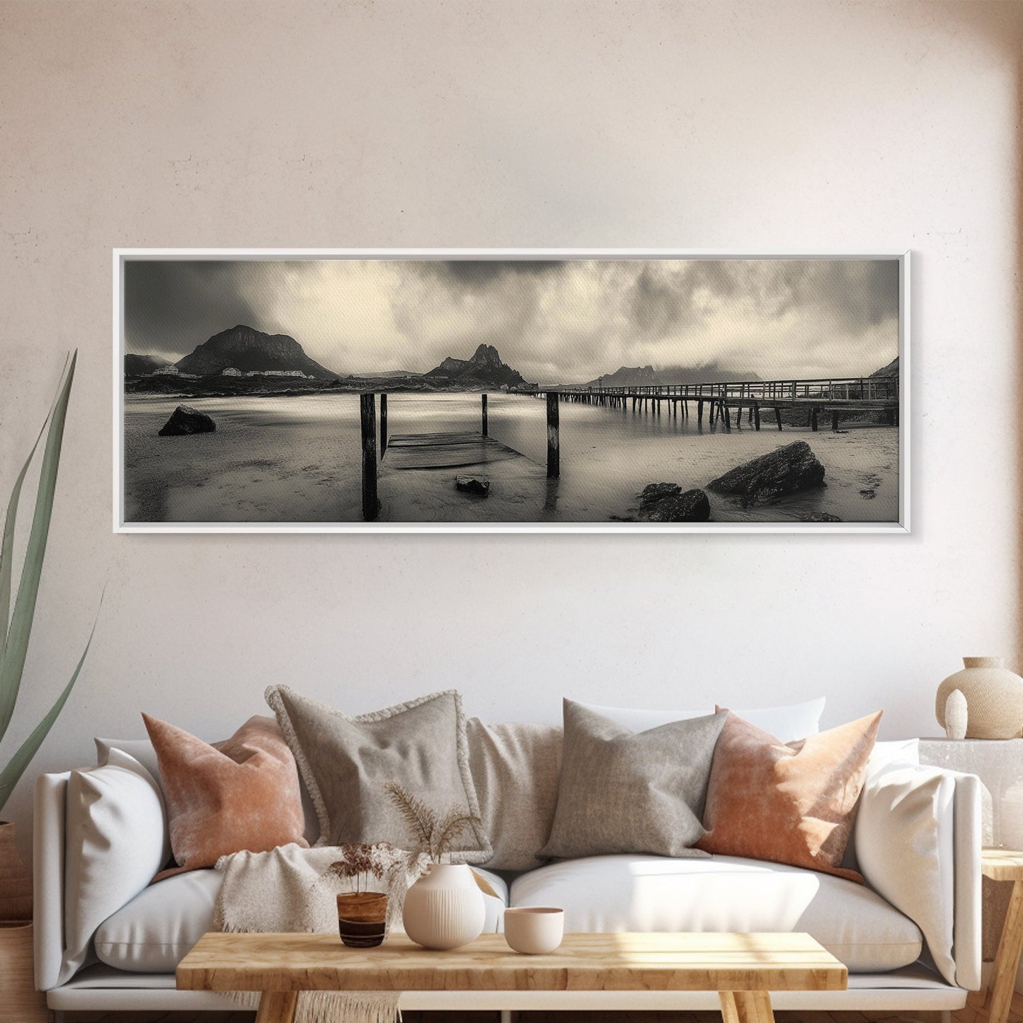 Dockside Calm, Stormy Shore, Ocean Jetty, Framed Canvas Print, Moody Coastal Wall Art, Living Room Art, Rustic Lakehouse Decor