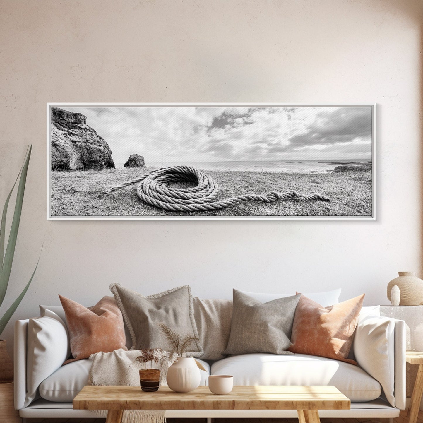 Coastal Rope, Windswept Bluff, Seaside Grass, Framed Canvas Print, Beach House Art, Nautical Decor, Neutral Living Room Style