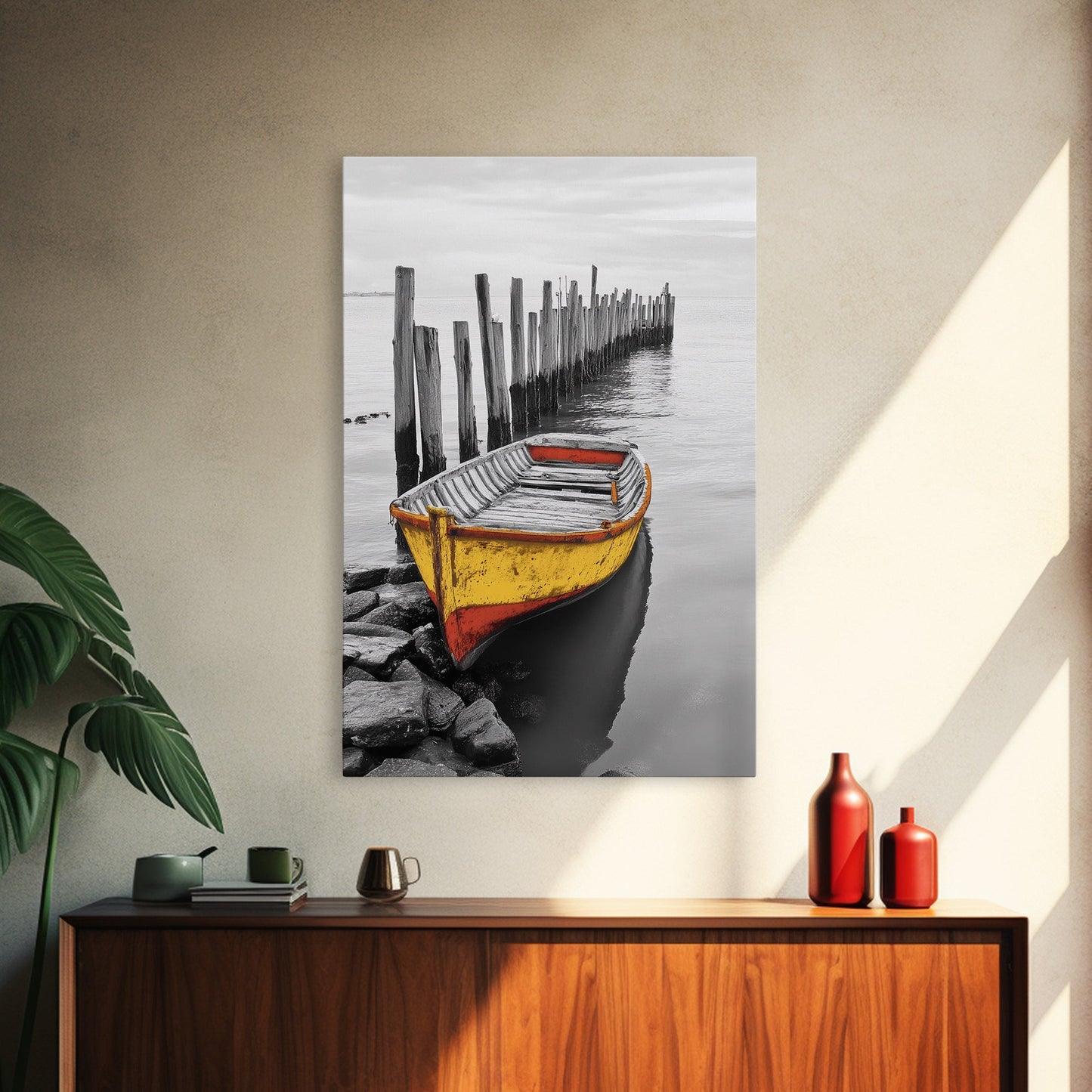 Yellow Rowboat, Coastal Mood, Pier View, Nautical Nostalgia, Framed Canvas Print, Beach House Wall Art, Rustic Seaside Decor