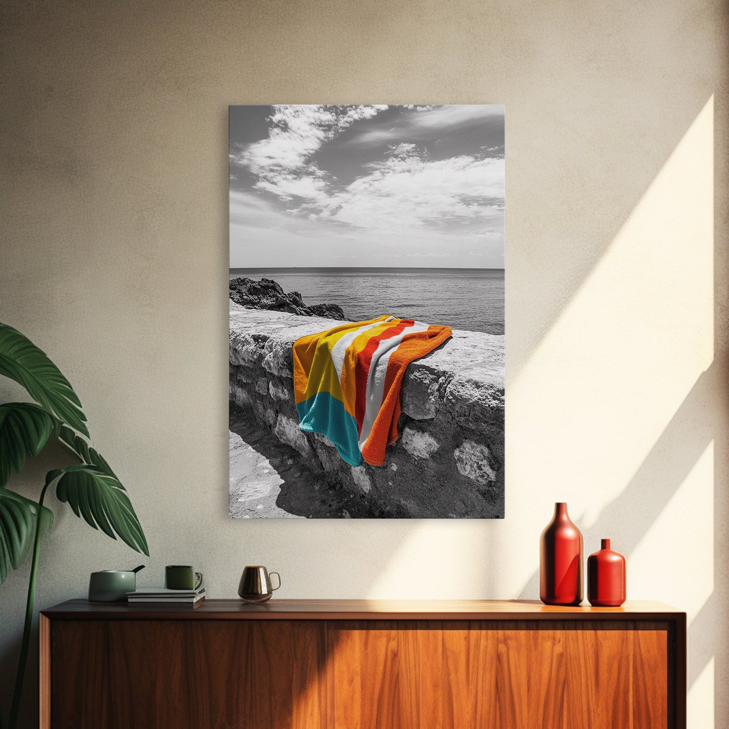 Colorful Towel, Coastal Vibes, Seaside Style, Bold Decor, Framed Canvas Print vibrant beach towel photo, bathroom wall art, summer art