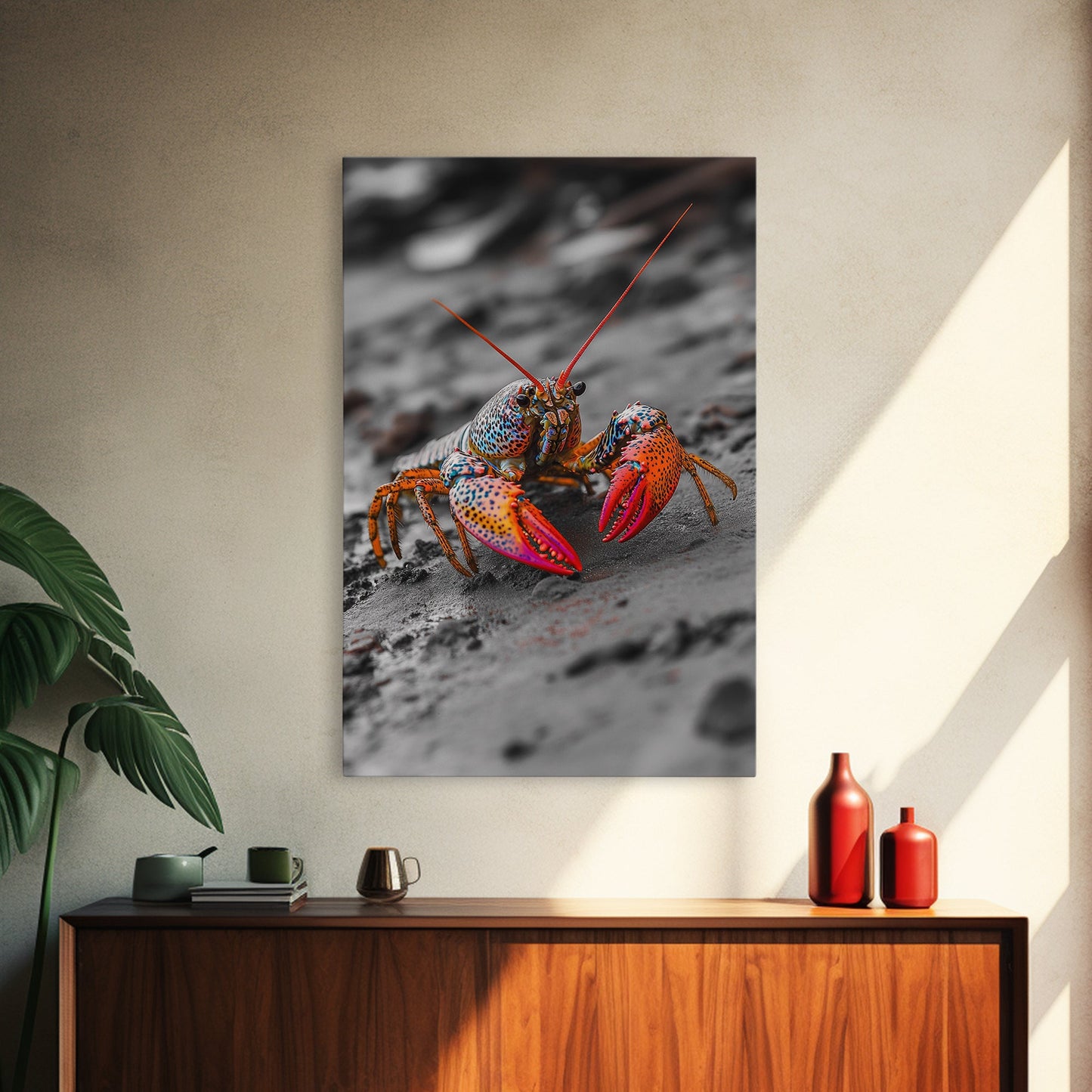 Colorful Lobster, Beach Wildlife, Close-Up Macro Art, Framed Canvas Print, Kitchen Wall Art, Coastal Marine Decor, Vibrant Style