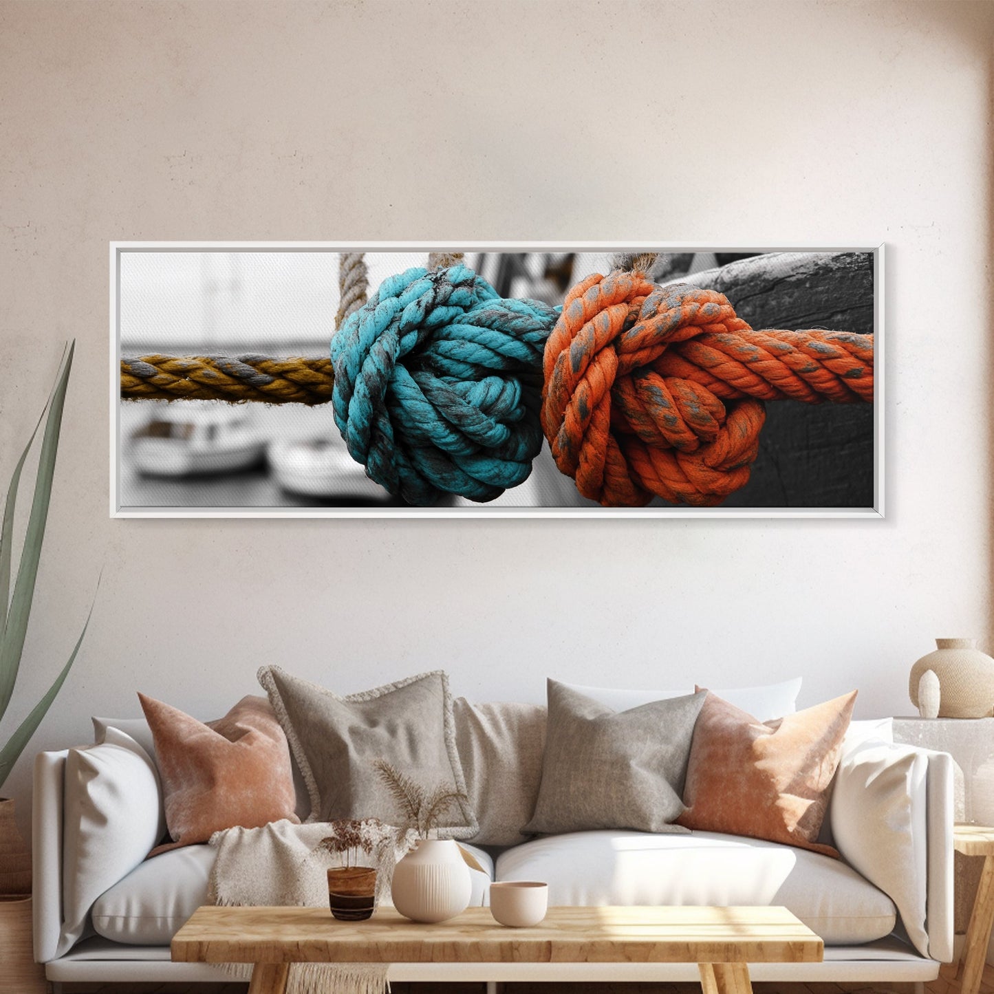 Nautical Knots, Bold Rope Texture, Ocean Dock Detail, Framed Canvas Print, Coastal Wall Art, Bathroom Decor, Rustic Nautical Style