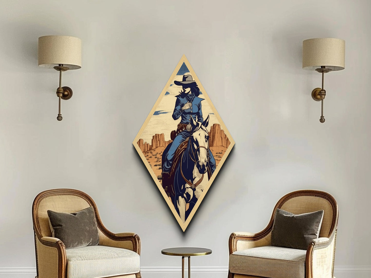 Desert Cowgirl Vibes Diamond Shaped Western Canvas Art Print with Horseback Rider in Blue Outfit Retro Country Rodeo Woman Home Accent