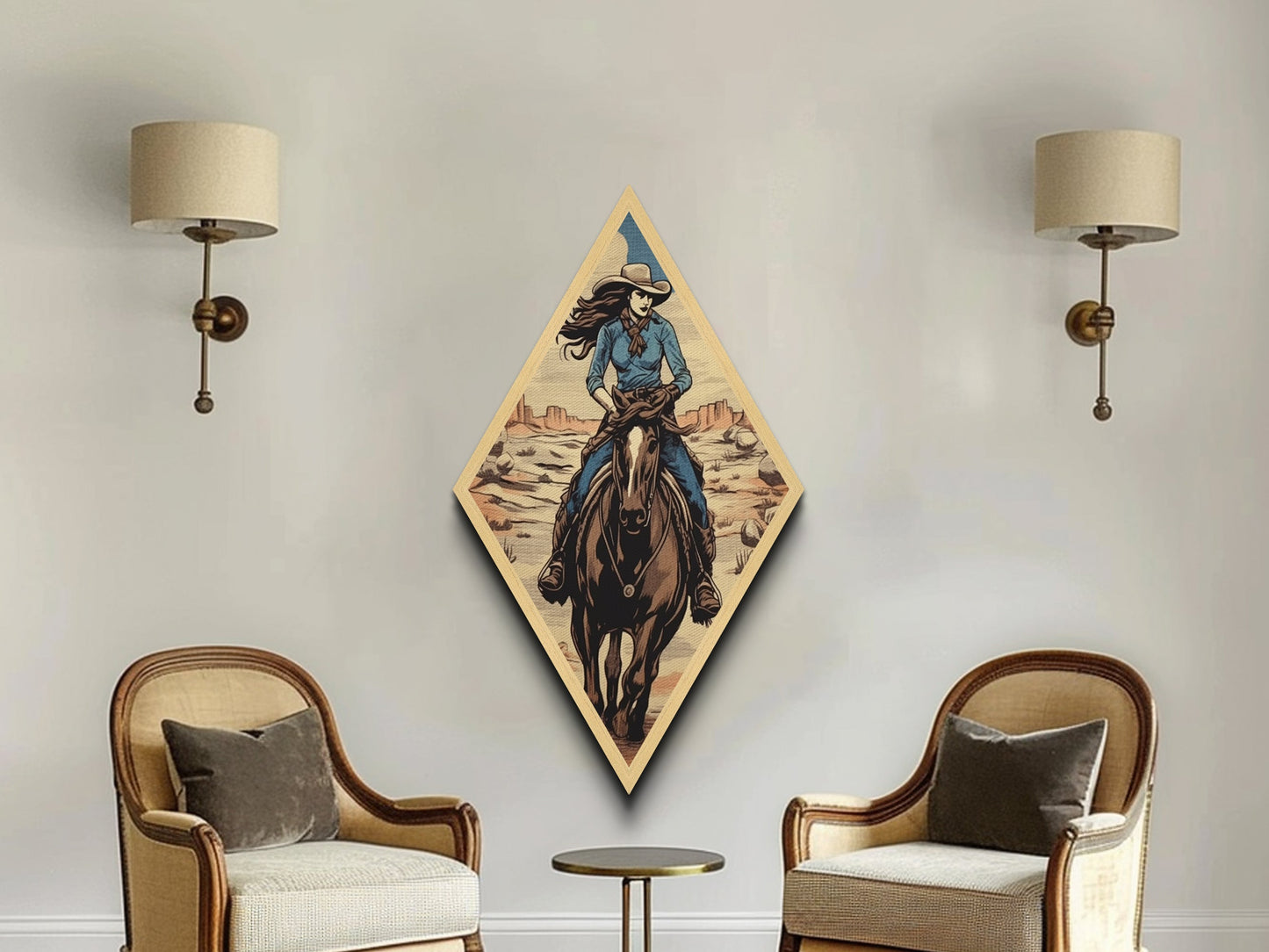 Sunset Cowgirl Ride Diamond Shaped Retro Western Canvas Textured Print Female Rider on Horseback Desert Scenic Illustration Wall Art