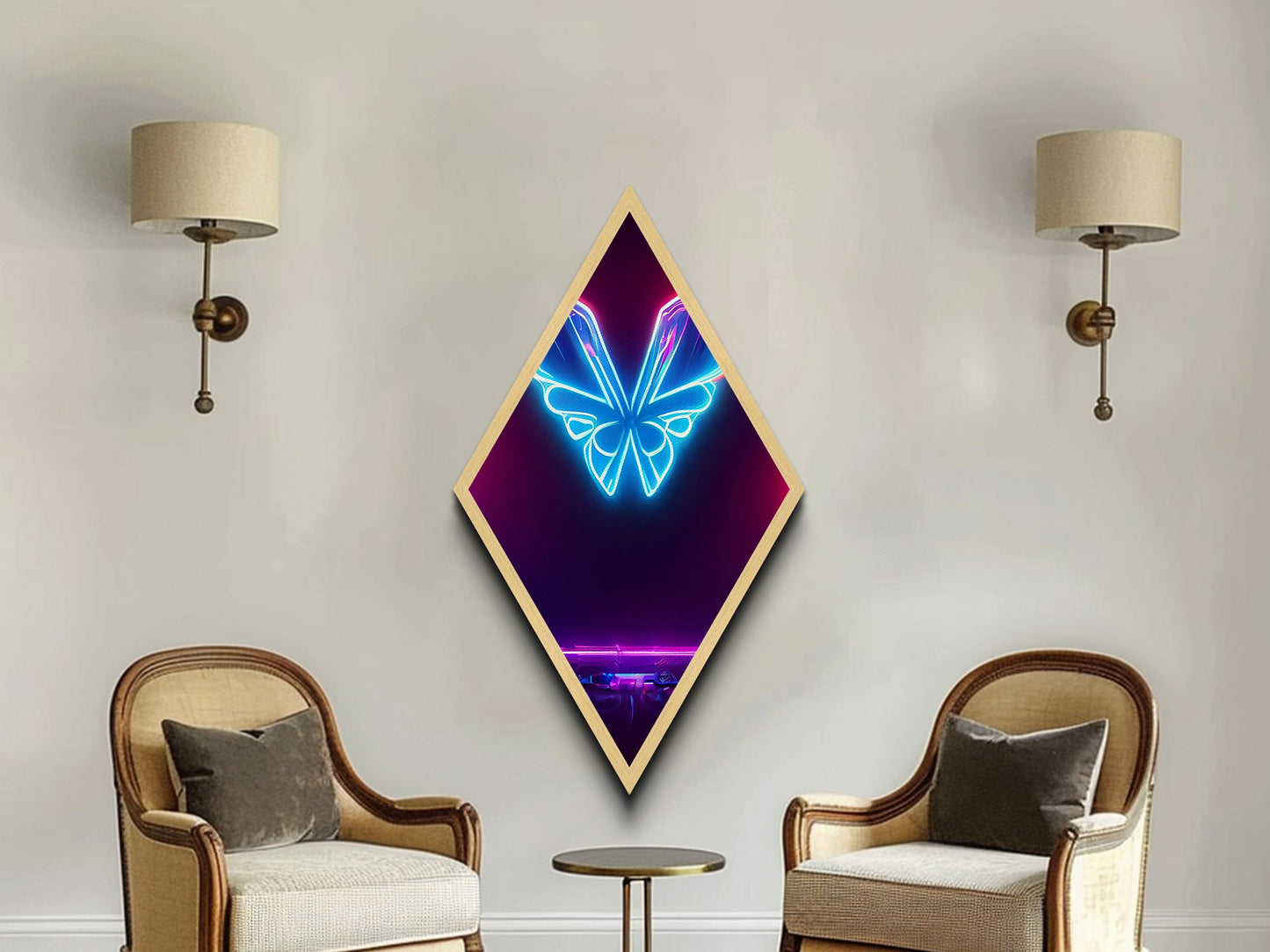 Neon Butterfly Pulse – Diamond Shaped Futuristic Glow Canvas Embossed Print, Cyberpunk Wall Art, Vaporwave Lighting Aesthetic