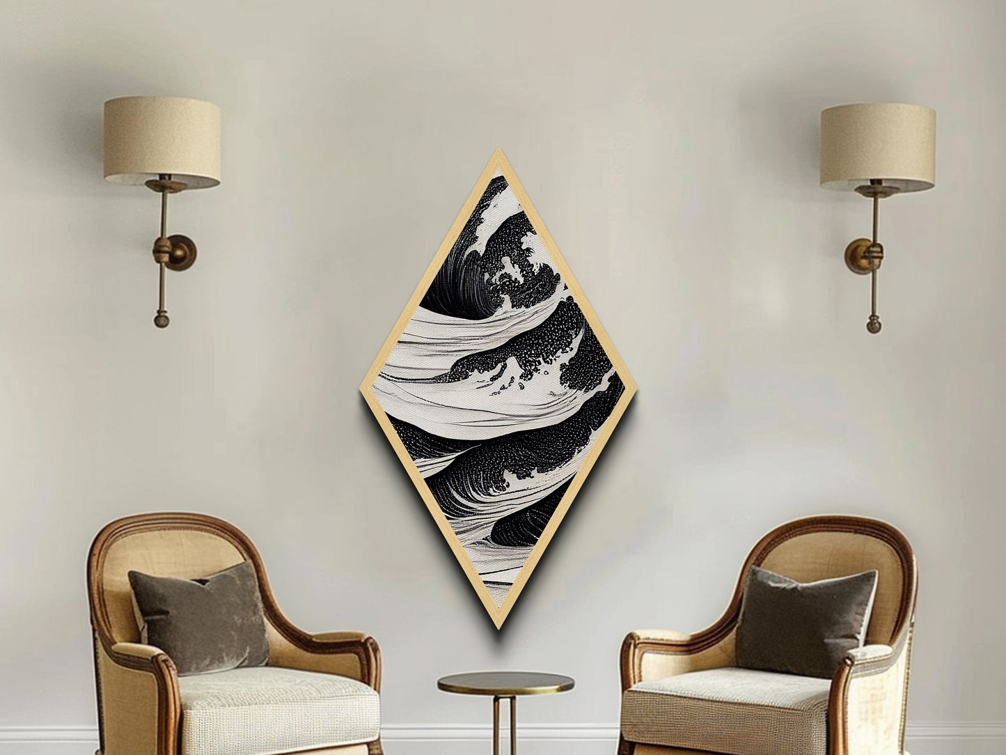 Monochrome Wave Fury – Diamond Shaped Japanese Style Ocean Print Canvas Textured Print, Bold Black and White Wall Art, Ink Style Sea