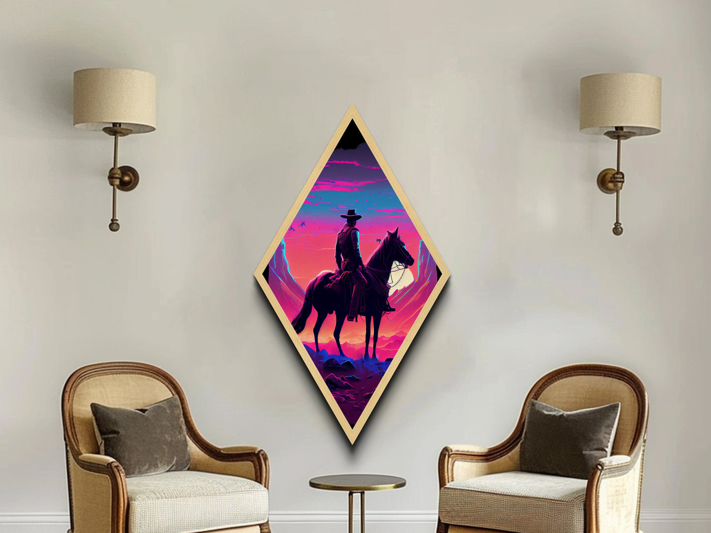 Neon Cowboy Sunset – Diamond Shaped Canvas Art Print with Western Landscape Scene, Vibrant Sky Wall Decor, Modern Desert Art