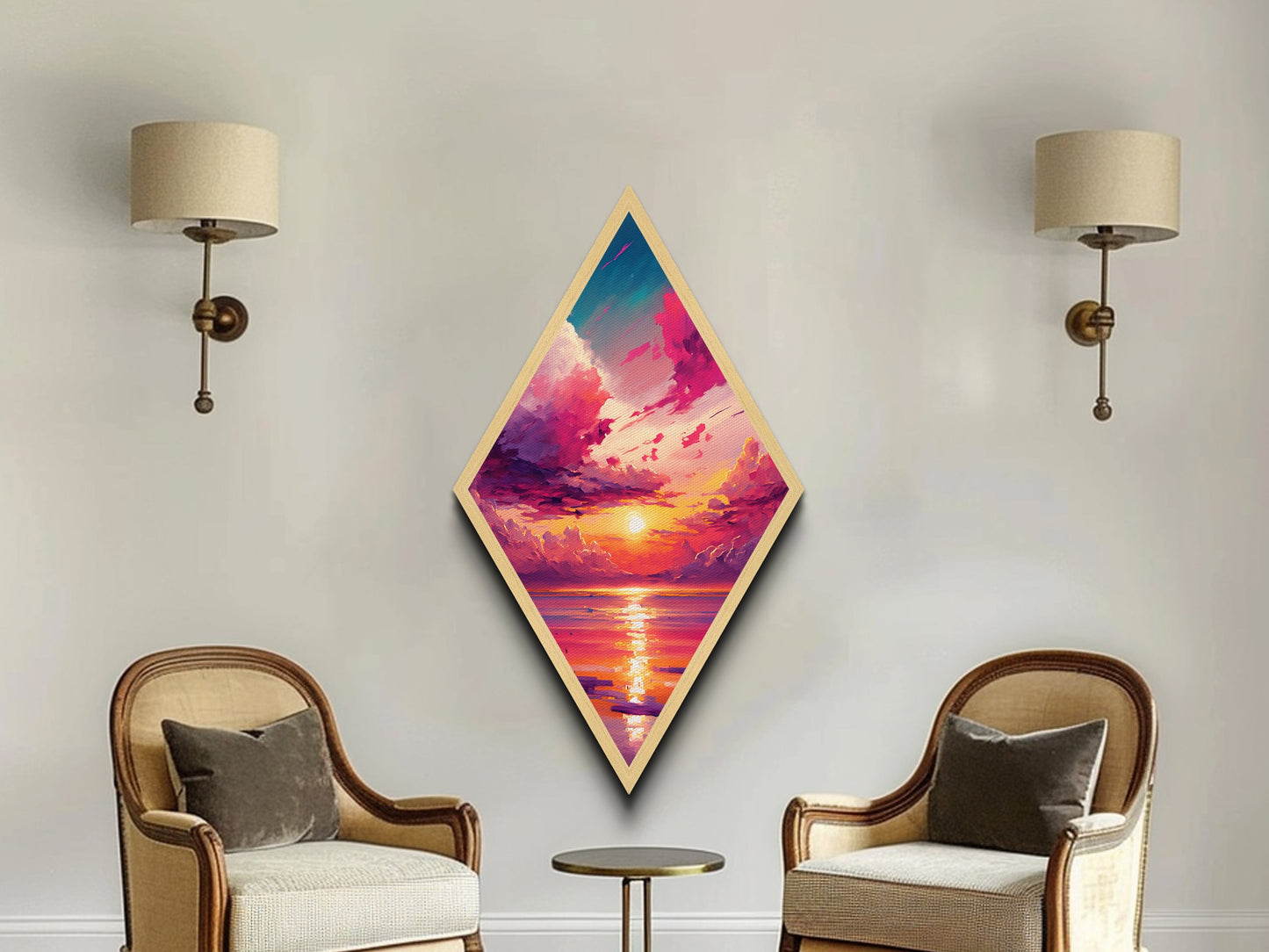 Sunset Dream Sky – Diamond Shaped Canvas Art Print with Colorful Cloudscape, Ocean Reflection Wall Decor, Tropical Sunrise Painting