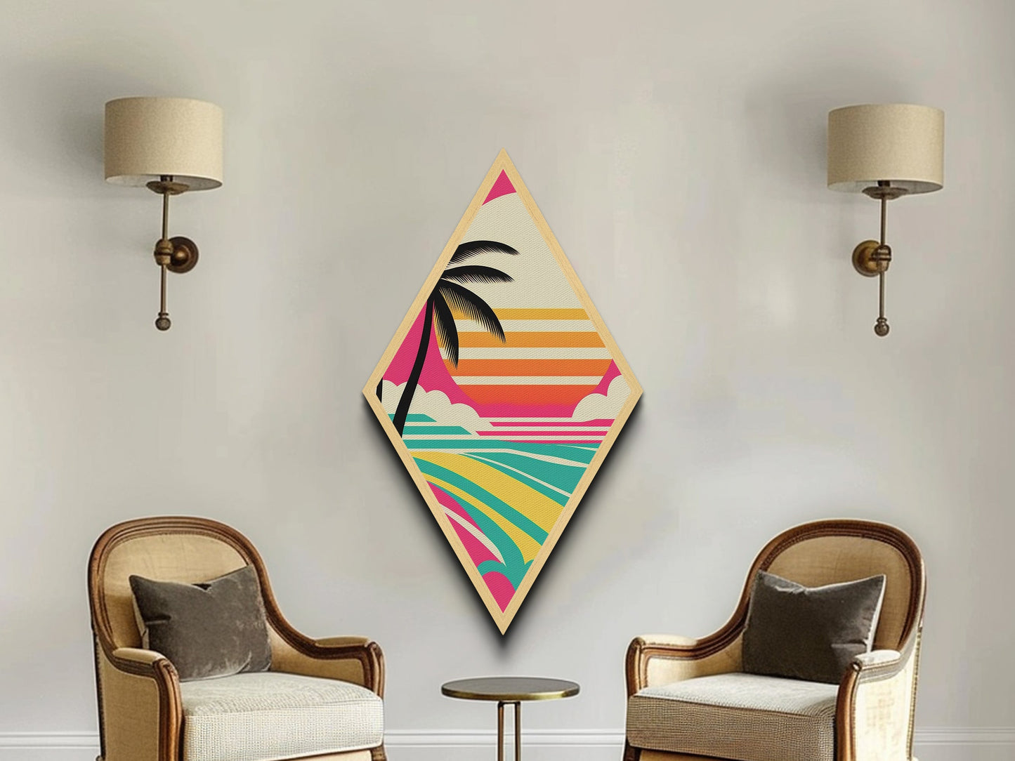 Tropical Minimal Vibe – Diamond Shaped Palm Tree Graphic Canvas Textured Print with Retro Beach Sunset and Geometric Stripes