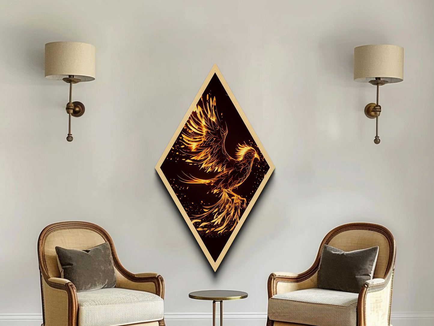 Phoenix Wood Framed Art Print, Diamond Shaped Art, Rebirth, Reincarnation, Canvas Textured Decor Art Print, Office Art