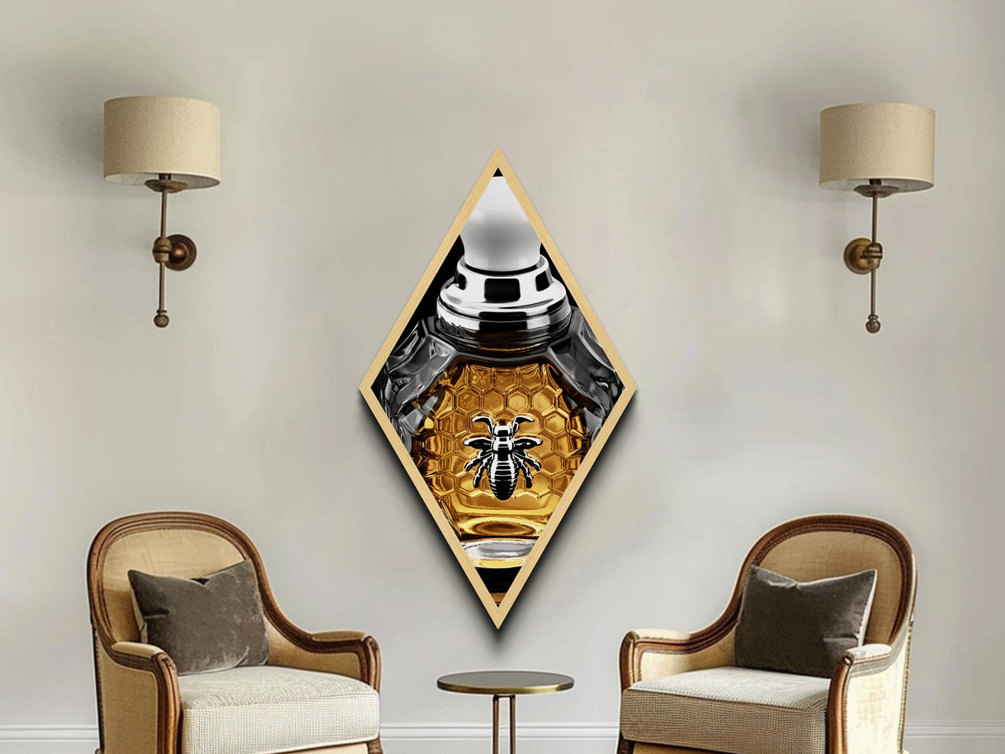 Honeycomb Elegance Bee Diamond Shaped Canvas Art Print, Gold Hexagon Insect Decor, Glam Perfume Bottle Graphic Wall Piece
