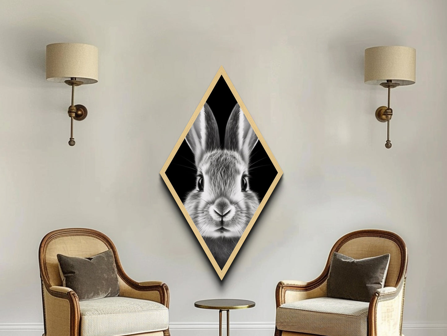 Curious Bunny Face Diamond Shaped Canvas Textured Print, Black and White Rabbit Animal Art, Minimalist Pet Lover Wall Decor
