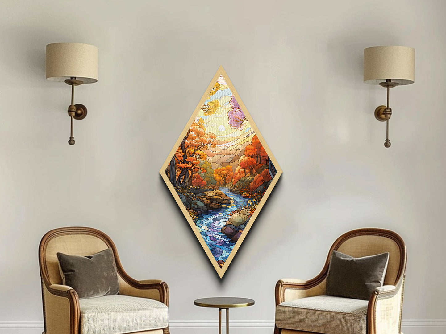 Autumn Forest Stream – Canvas Textured Print Stained Glass Style, Fall River Landscape, Nature Diamond Wall Art, Golden Hour Forest