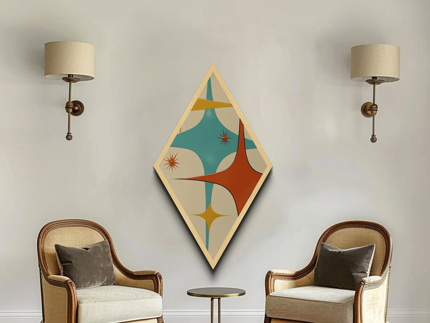 Retro Rocket Spikes – Diamond Shaped Canvas Art Print, midcentury atomic design, minimalist geometric decor, starburst pattern artwork